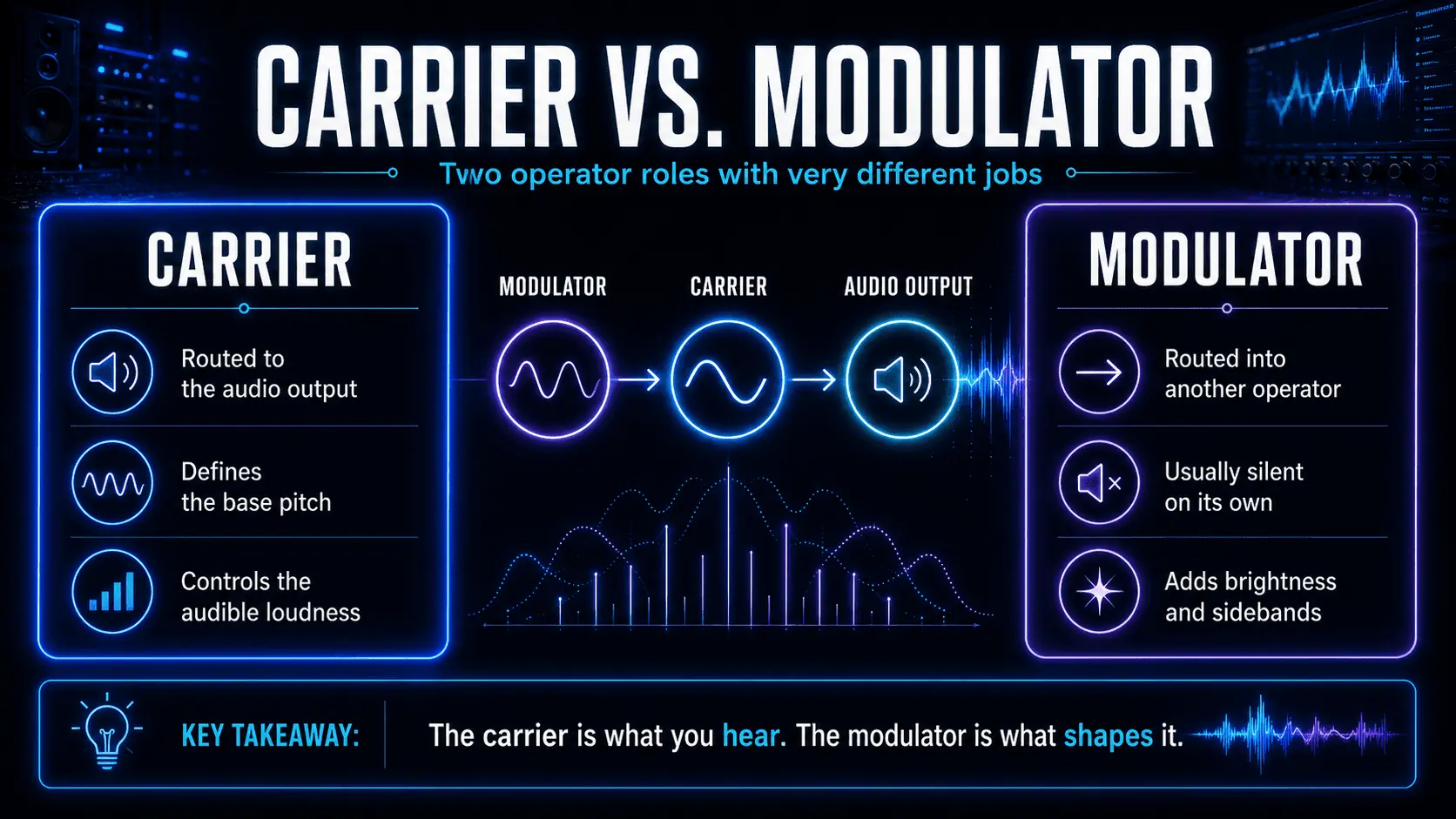 Carrier versus modulator infographic comparing audio output, pitch, loudness, routing, and sideband generation.