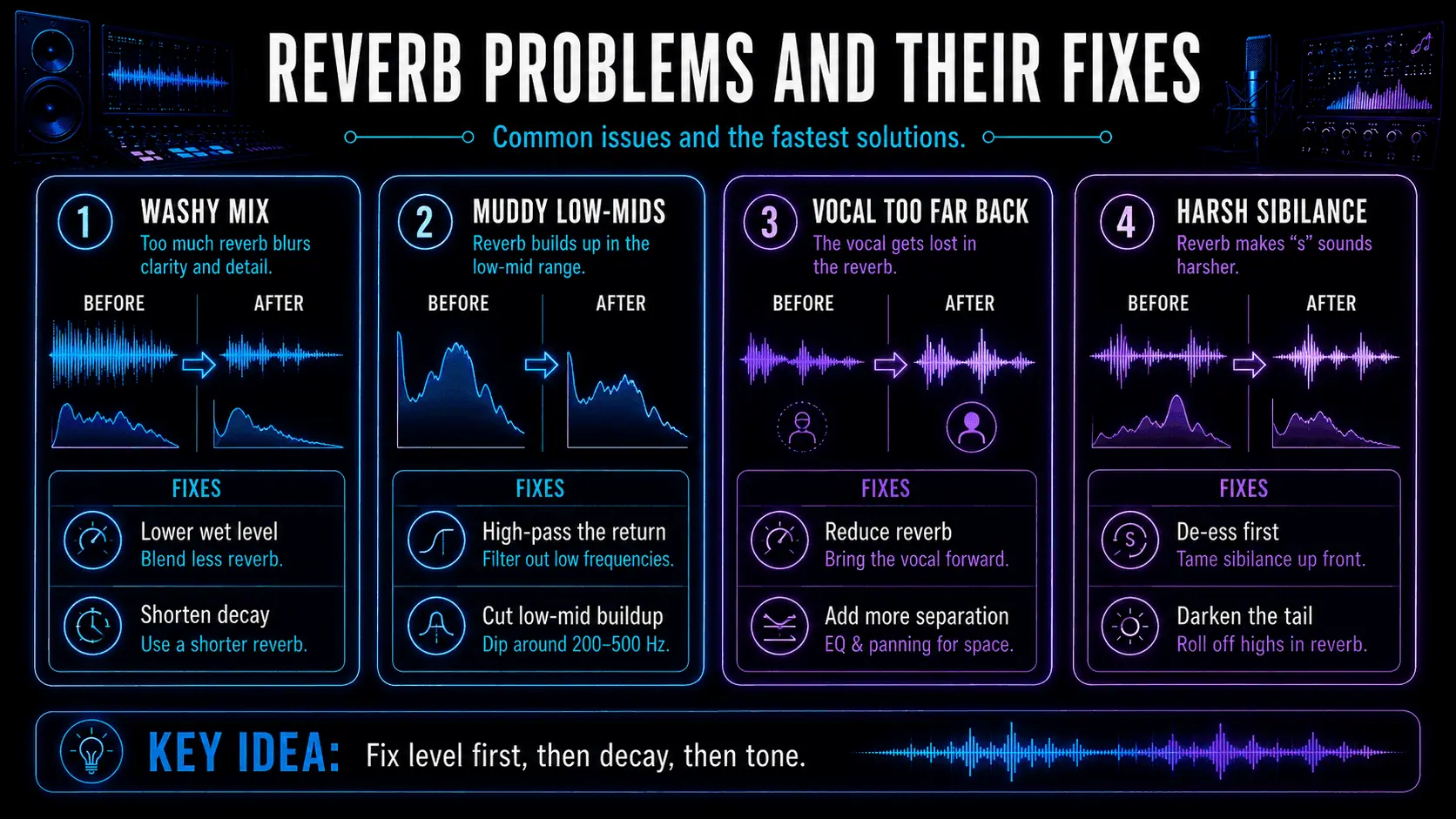 Reverb troubleshooting infographic with fixes for wash, low-mid mud, distance, and sibilance.