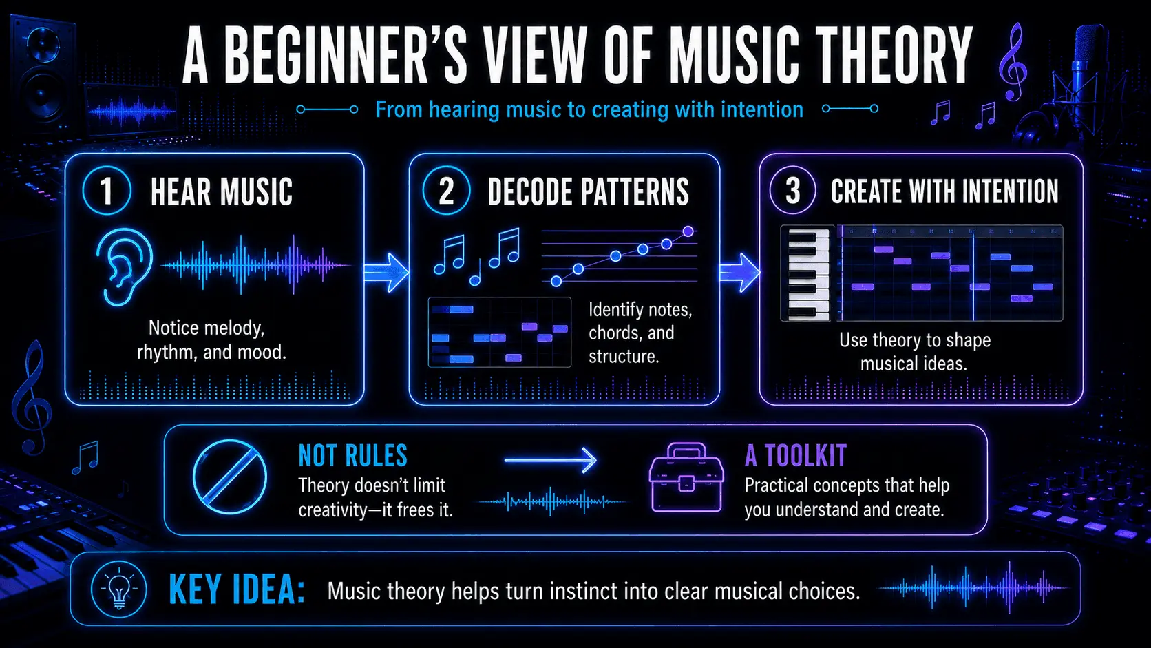Three-step music theory infographic showing how beginners hear music, decode patterns, and create with intention.
