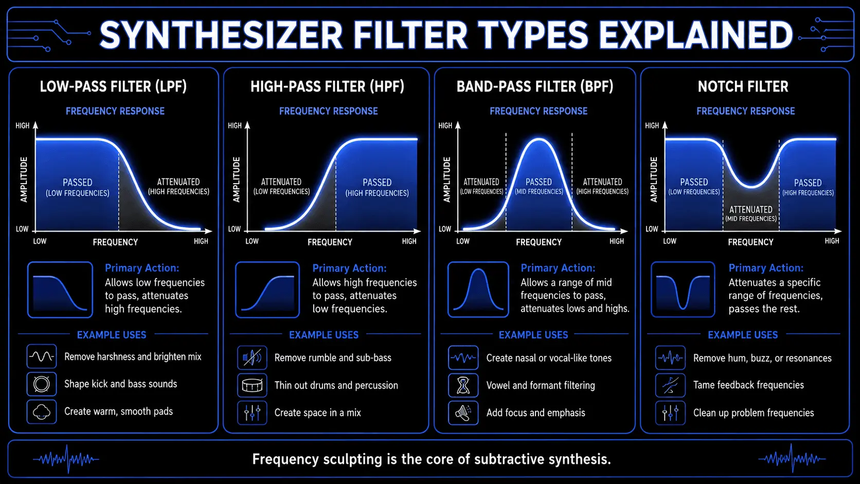 Infographic explaining four synthesizer filter types with frequency response curves, primary actions, and common sound design applications