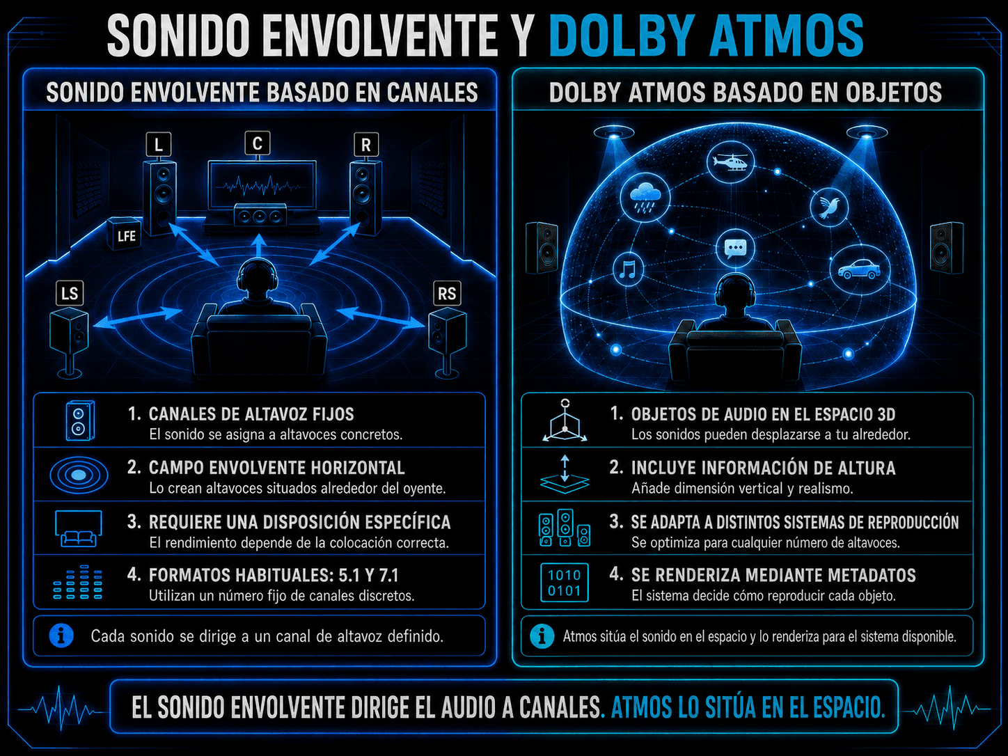 Comparación entre sonido envolvente por canales y Dolby Atmos basado en objetos de audio dentro del espacio 3D.