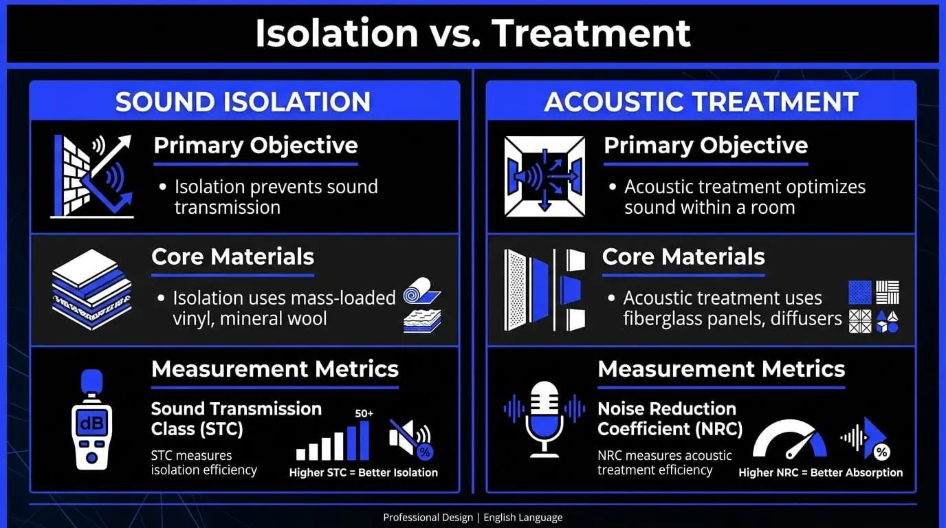 Infographic comparing sound isolation and acoustic treatment by objective, materials, and measurement metrics like STC and NRC.