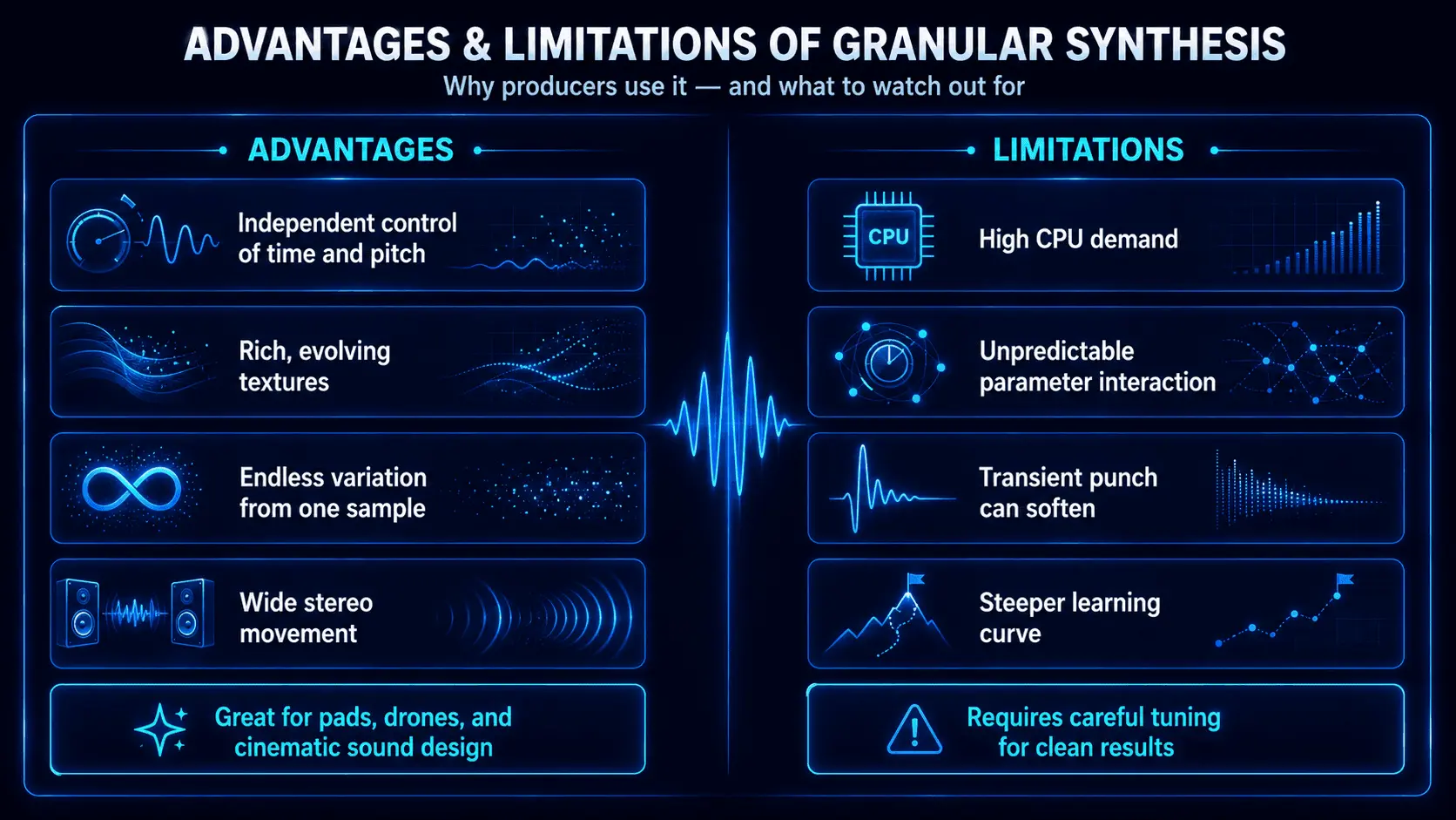 Infographic comparing the advantages and limitations of granular synthesis, including creative flexibility, CPU demand, unpredictability, and softened transients.