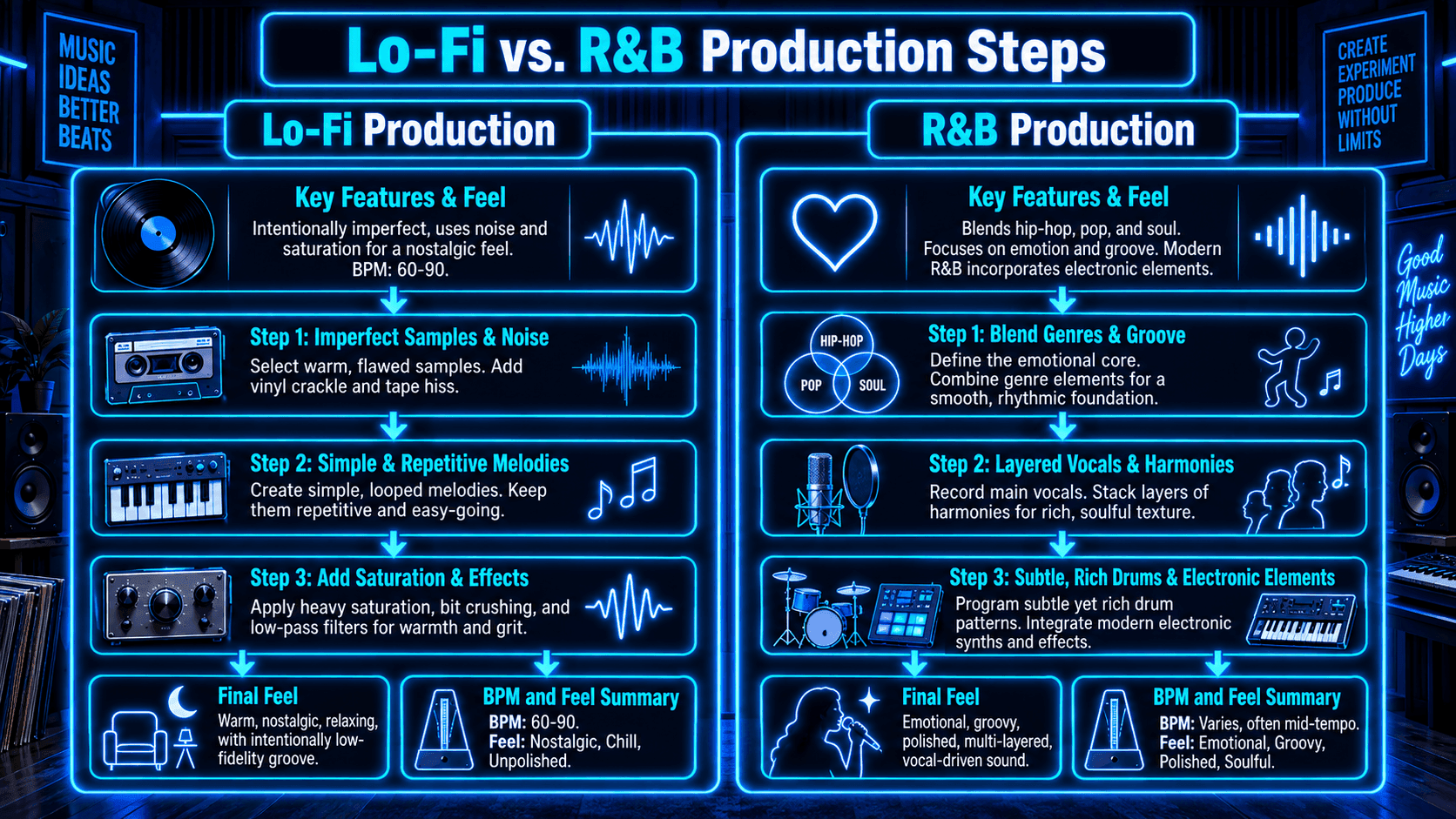 Infographic comparing lo-fi and R&B production steps, including samples, melodies, saturation, vocals, drums, BPM, and overall feel.