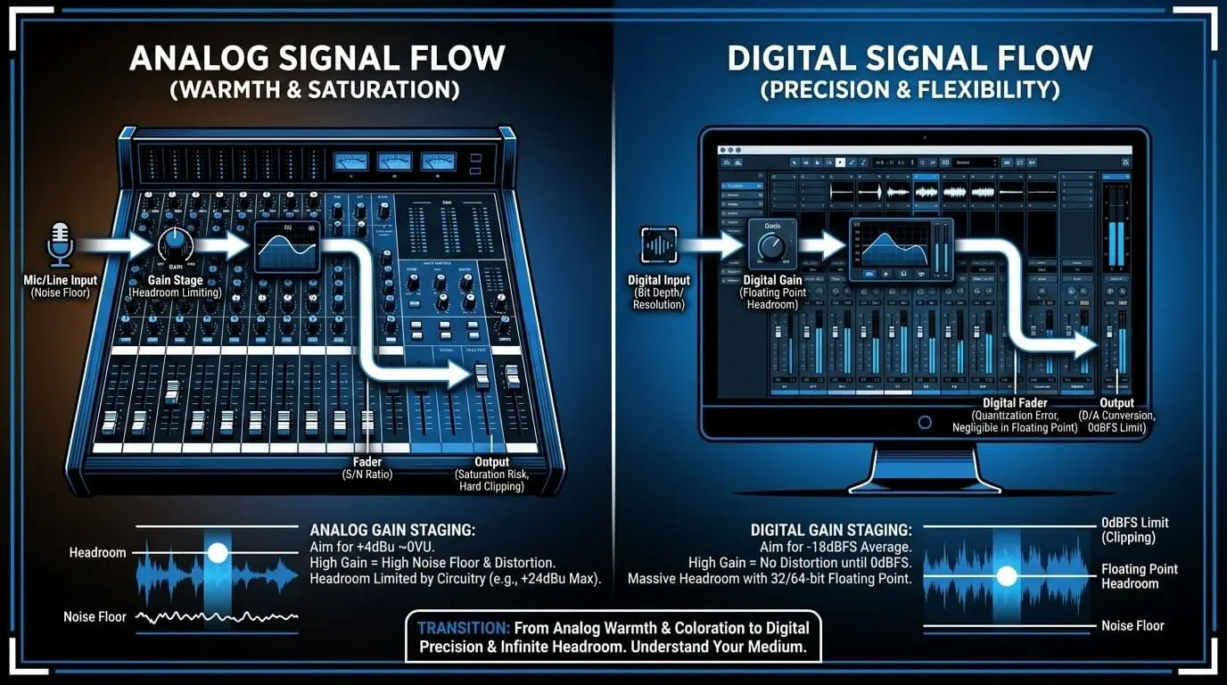 Infographic comparing analog signal flow and digital signal flow, showing how gain staging manages headroom, noise floor, saturation risk, plugin levels, faders, and output clipping in each environment.