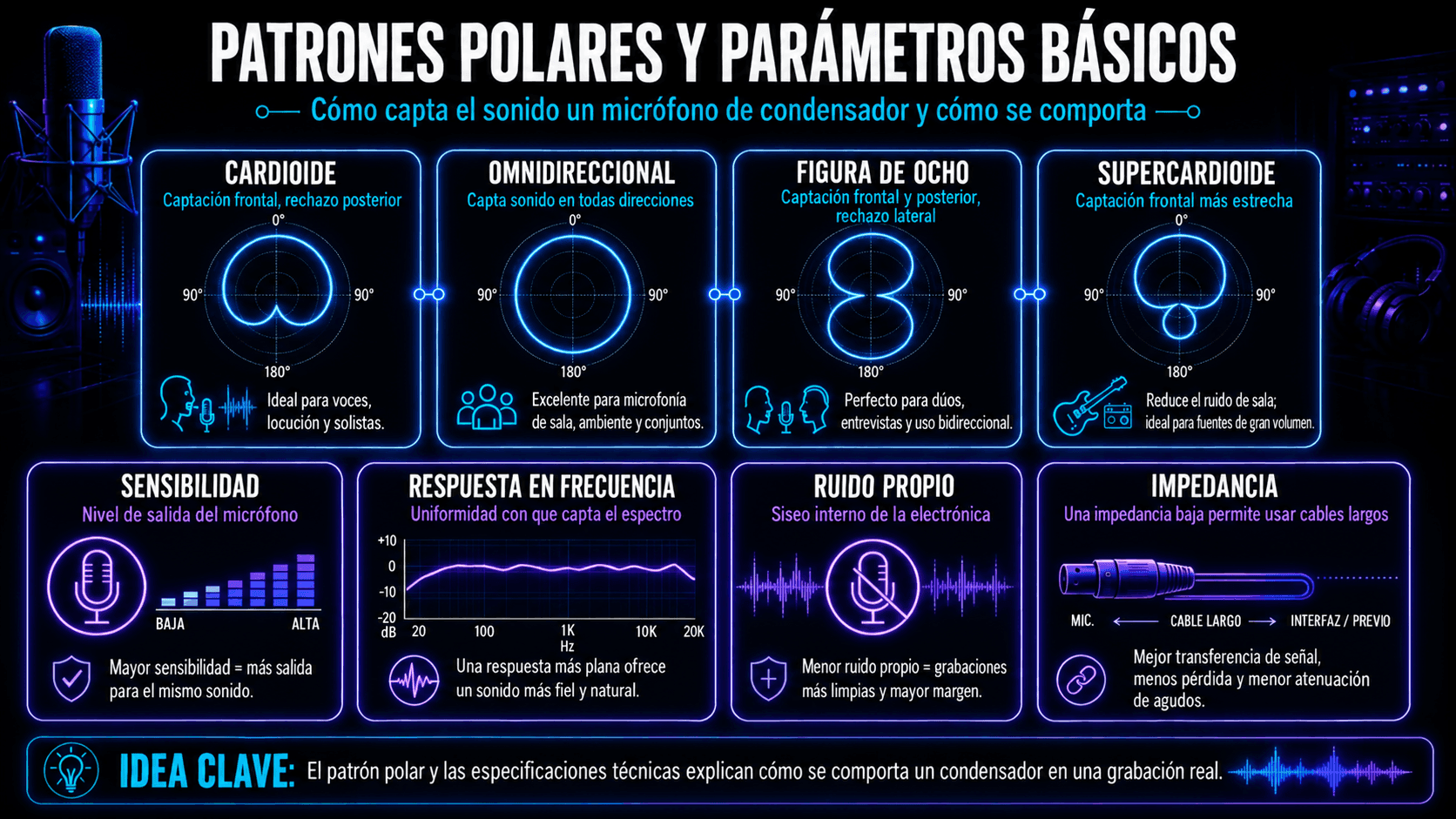 Infografía de micrófono de condensador comparando patrones cardioide, omnidireccional, figura-ocho y supercardioide con sensibilidad, respuesta de frecuencia, ruido propio e impedancia.