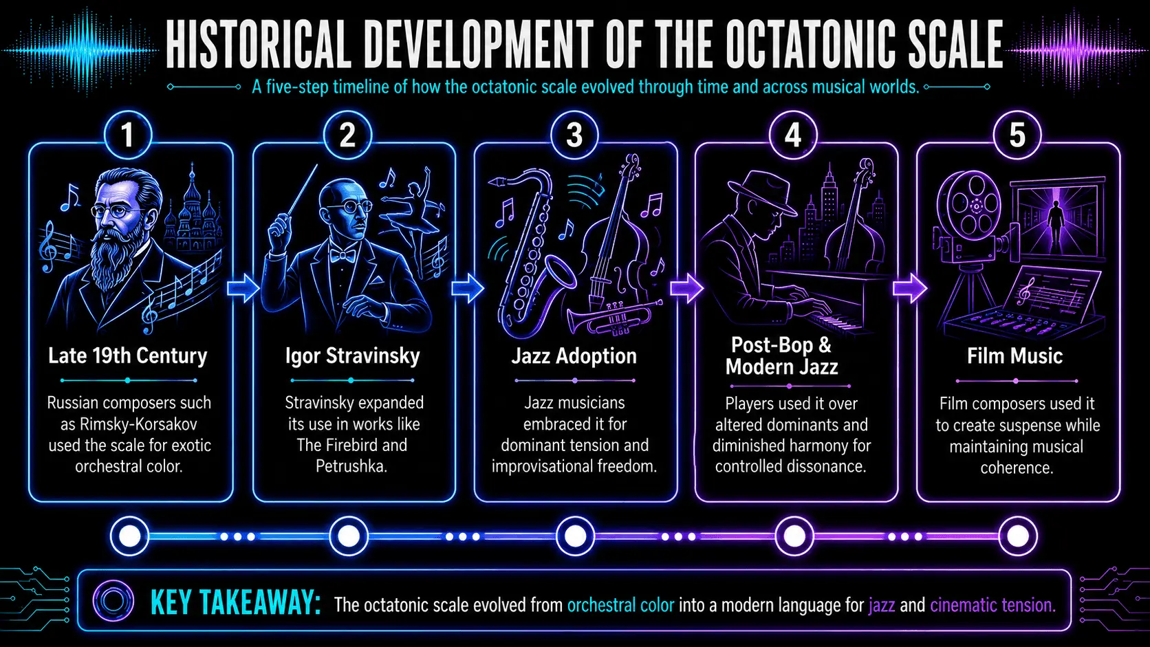 Timeline of the octatonic scale from late-19th-century Russian composers and Stravinsky to jazz, post-bop, modern jazz, and film music.