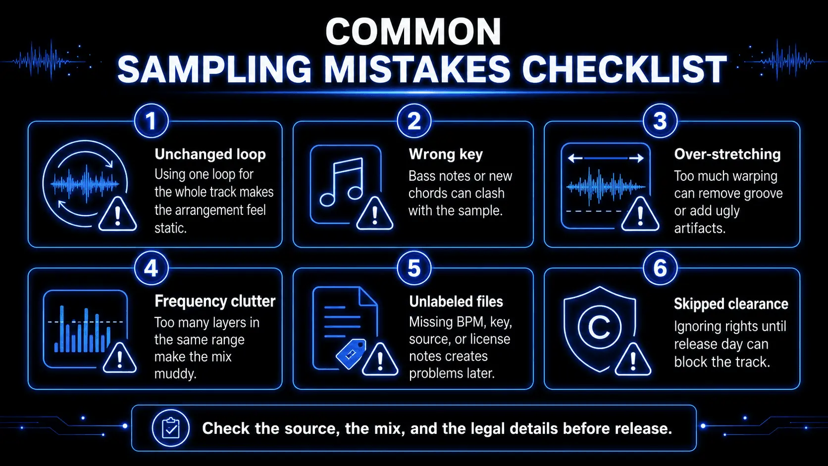 Infographic checklist showing six common sampling mistakes: unchanged loops, wrong key, over-stretching, frequency clutter, unlabeled files, and skipped clearance.