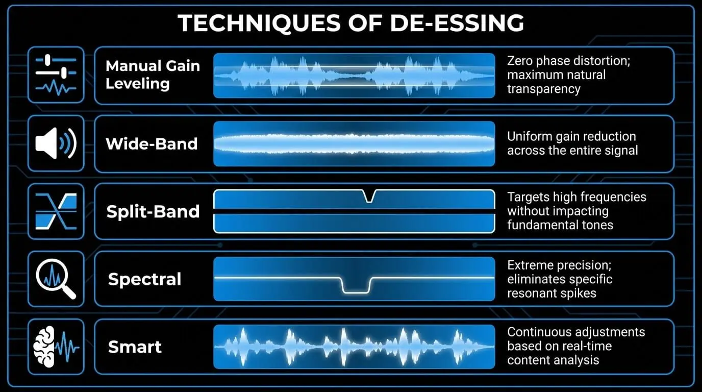 Infographic comparing manual gain leveling, wide-band, split-band, spectral, and smart de-essing techniques for controlling vocal sibilance and harsh resonant spikes
