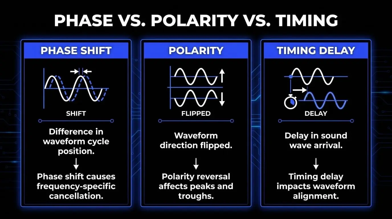 Infographic explaining the difference between phase shift, polarity, and timing delay, showing how each can cause waveform misalignment and cancellation.