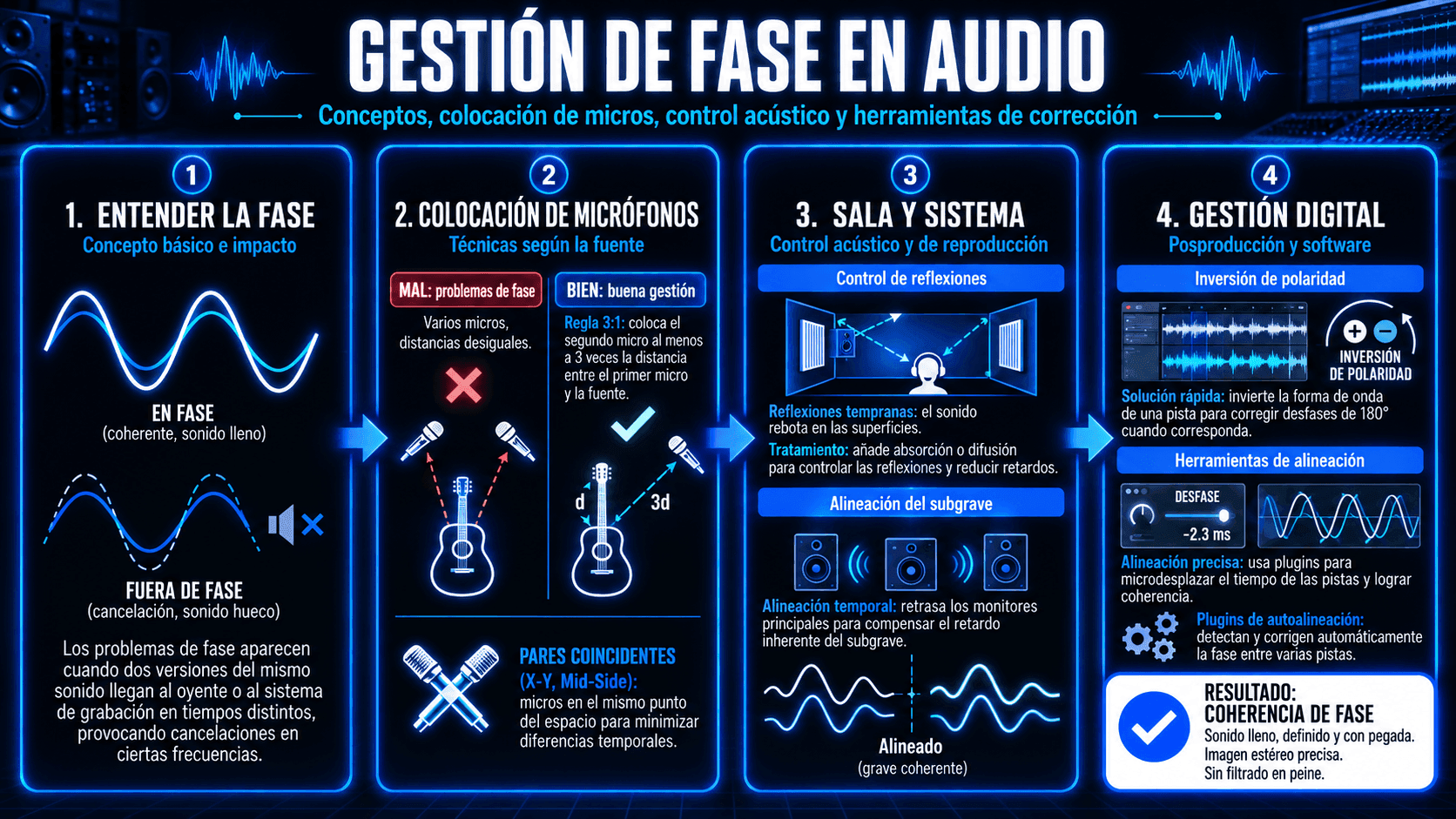 Infografía que explica la coherencia de fase, incluyendo señales en fase y fuera de fase, colocación de micrófonos, control de reflexiones, alineación de subwoofers, inversiones de polaridad y herramientas de alineación de fase.