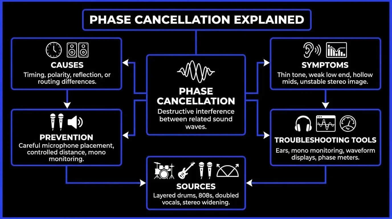 Infographic explaining phase cancellation with causes, symptoms, prevention methods, troubleshooting tools, and common sources like drums, 808s, vocals, and stereo widening.