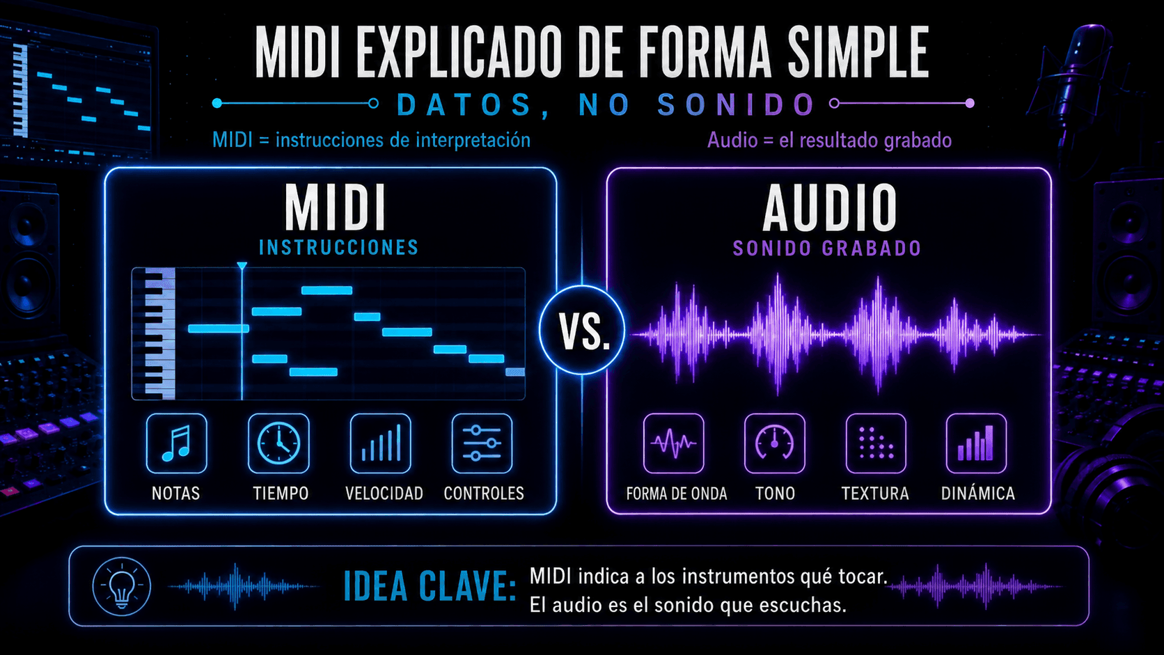 Comparación entre datos MIDI con notas, tiempo, velocidad y controles, y audio con forma de onda, tono, textura y dinámica.