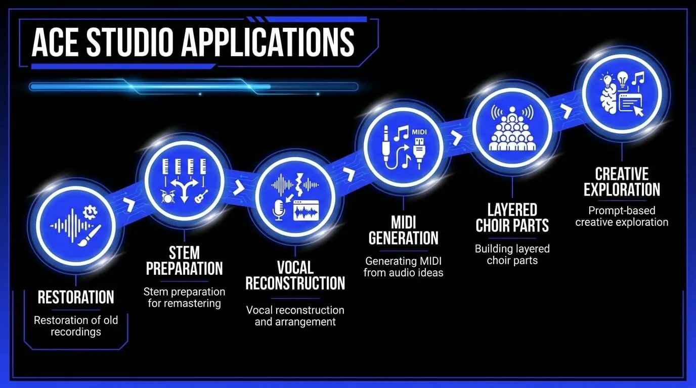 Infographic showing ACE Studio applications across audio restoration, stem preparation, vocal reconstruction, MIDI generation, layered choir parts, and creative exploration.