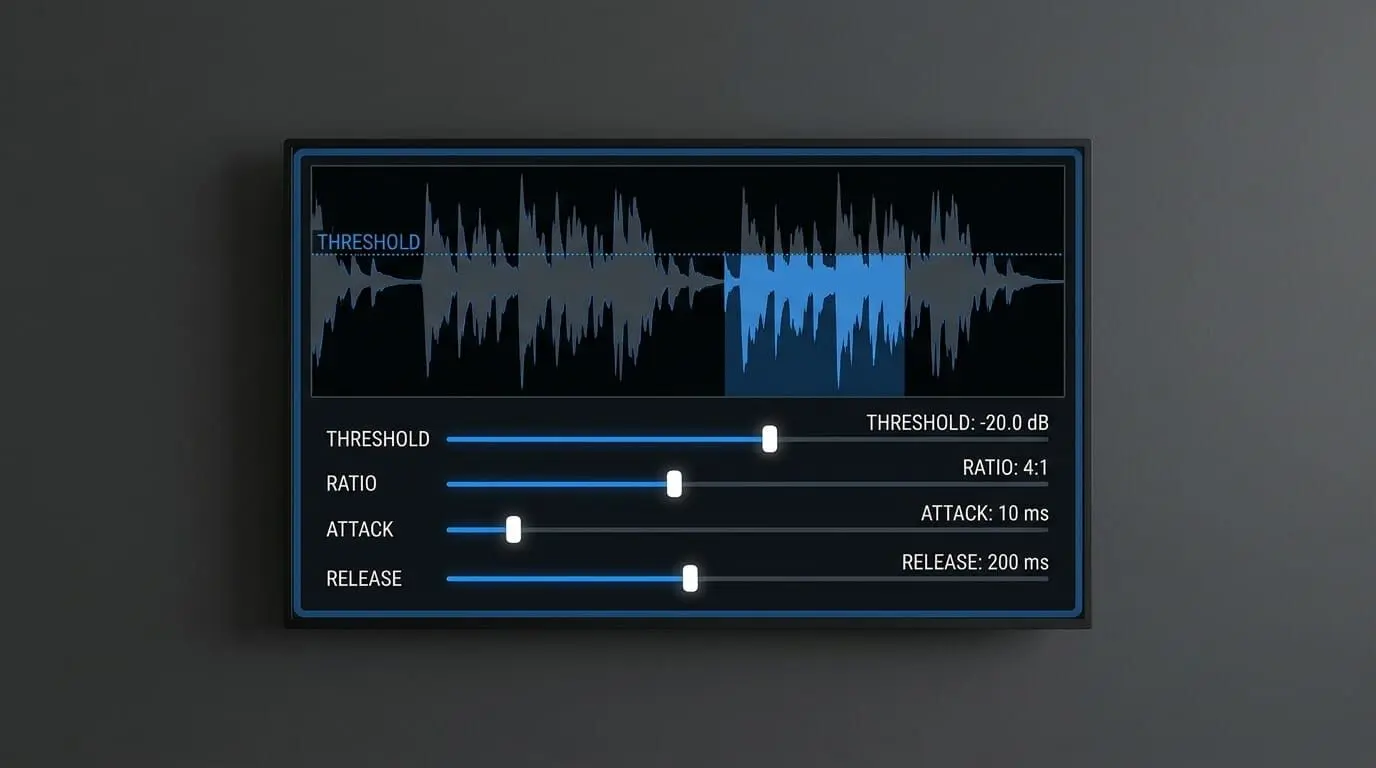 Digital audio compressor interface showing waveform dynamics with threshold, ratio, attack, and release controls for music production.