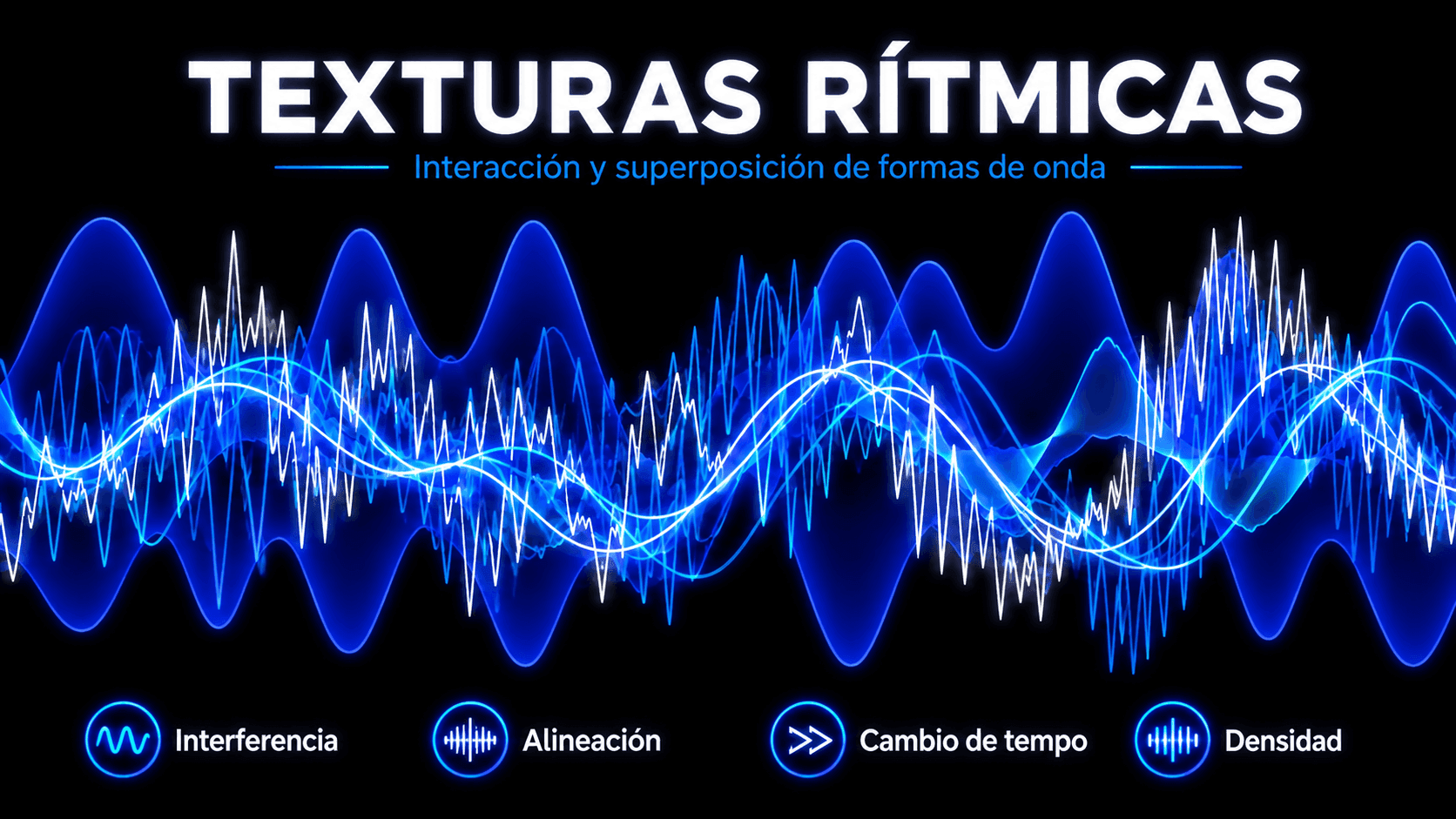 Formas de onda azules y blancas en capas que ilustran interferencia polirrítmica, sincronización, cambios de tempo y densidad rítmica.