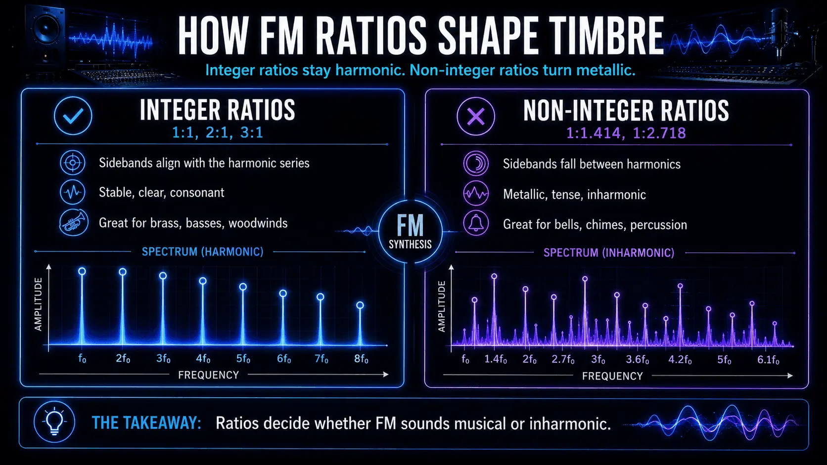 Comparison of integer and non-integer FM ratios with harmonic and inharmonic frequency spectra.