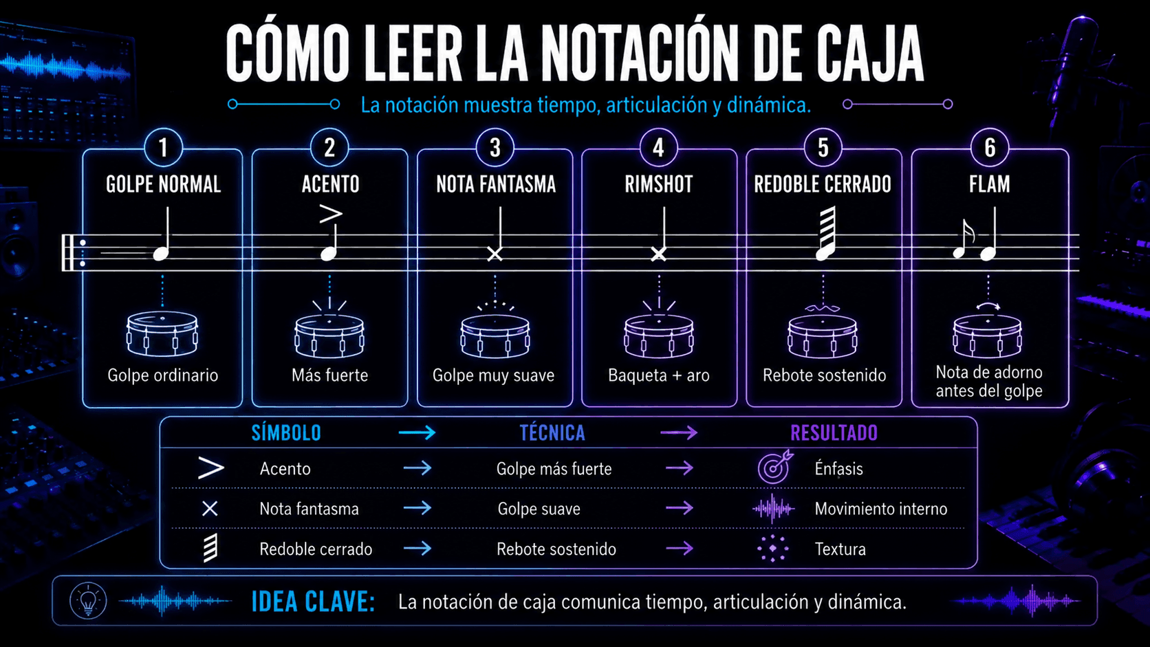 Guía de notación de caja mostrando golpes estándar, acentos, notas fantasma, rimshots, redobles y flams.