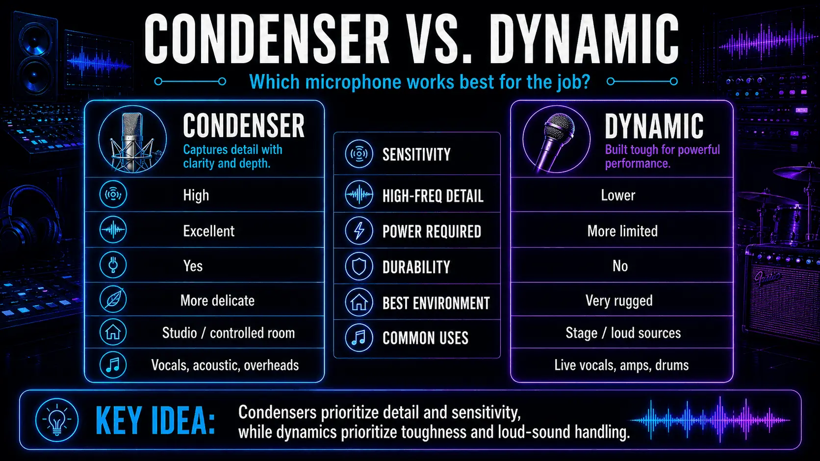 Side-by-side comparison of condenser and dynamic microphones covering sensitivity, high-frequency detail, power, durability, recording environment, and common uses.