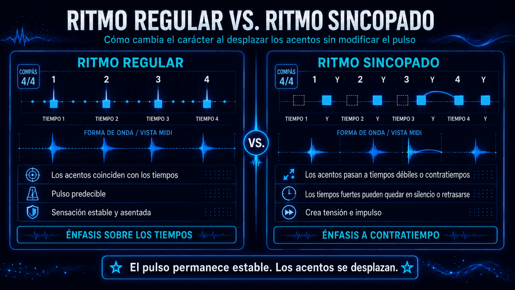 Comparación de ritmos regulares y sincopados en 4/4, con acentos sobre los tiempos, las posiciones débiles y los contratiempos.