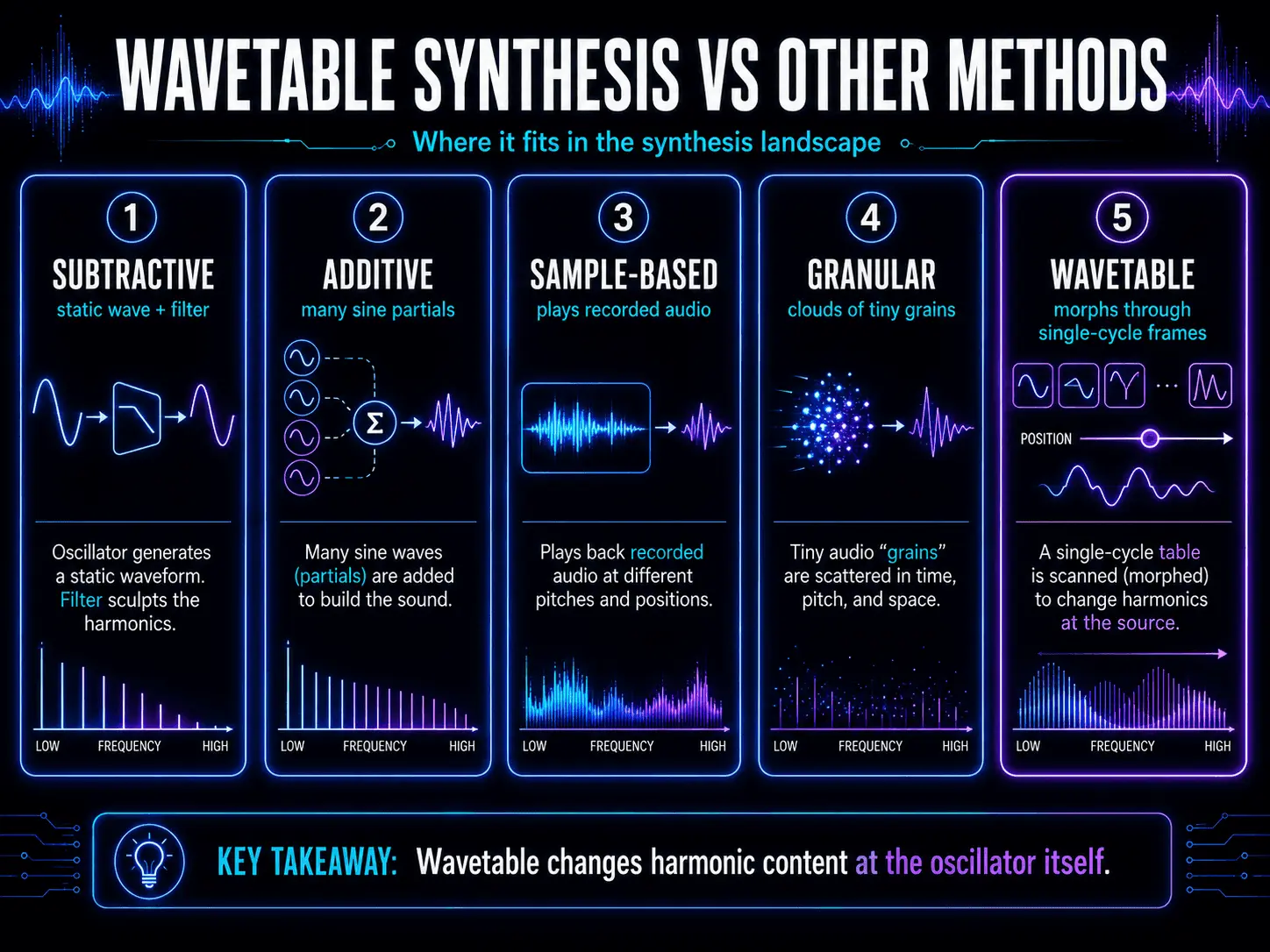 Comparison of subtractive, additive, sample-based, granular, and wavetable synthesis methods.
