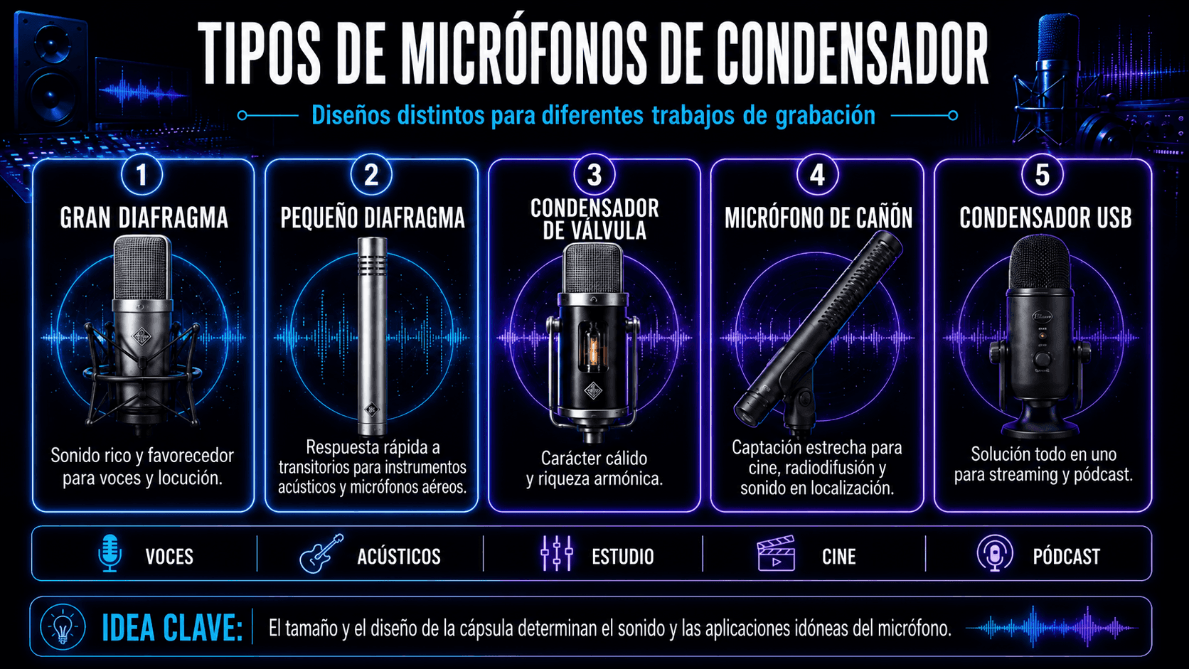 Comparison of large-diaphragm, small-diaphragm, tube, shotgun, and USB condenser microphones with their typical uses. 