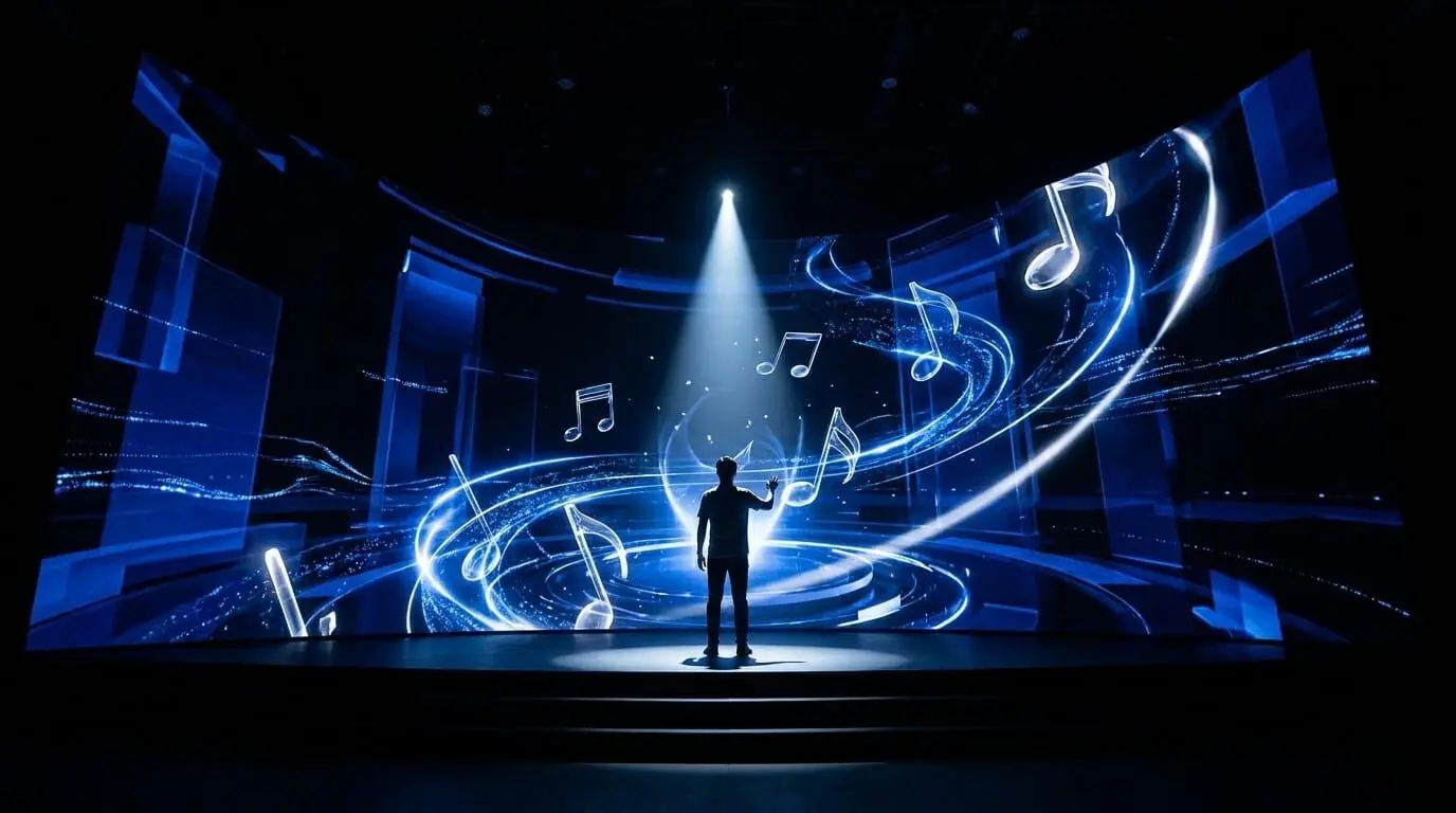 A person stands center stage surrounded by glowing digital music notes, symbolizing human authorship and creative control in AI music production.