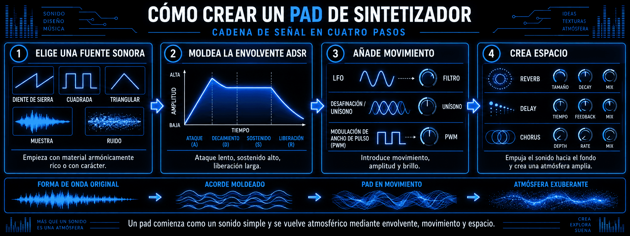 Infografía mostrando cómo construir un pad de sintetizador eligiendo una fuente de sonido, moldeando el envolvente ADSR, añadiendo modulación, y aplicando reverb, delay y chorus.