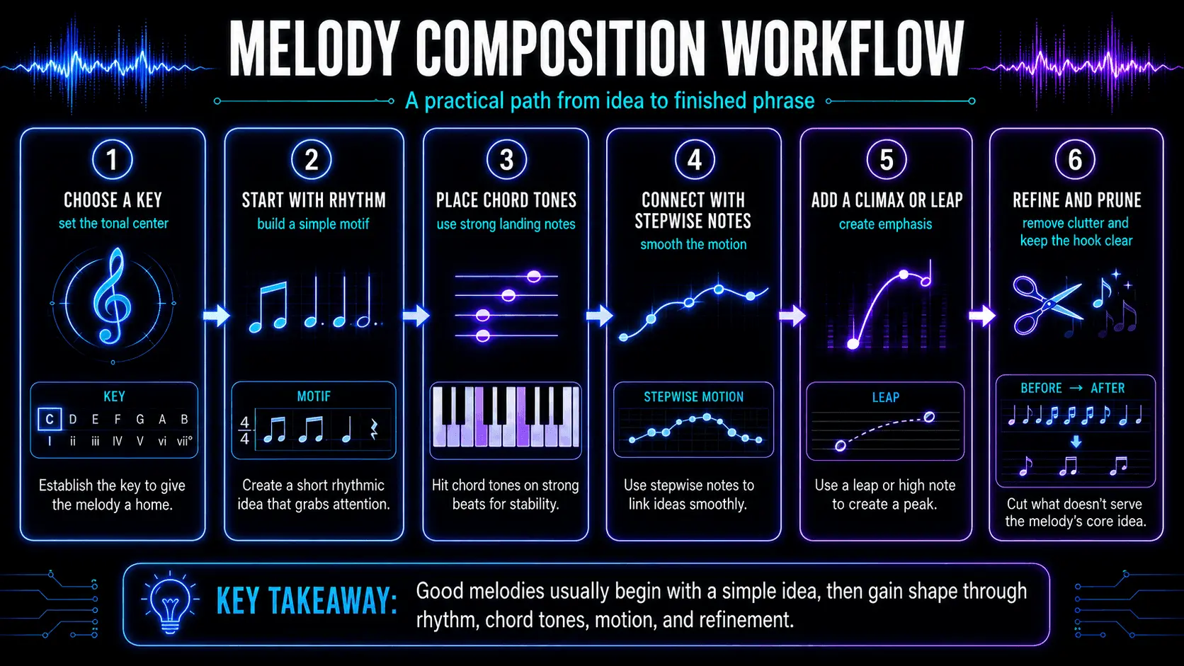 Six-step melody composition workflow covering key selection, rhythm, chord tones, stepwise motion, climax, and refinement.