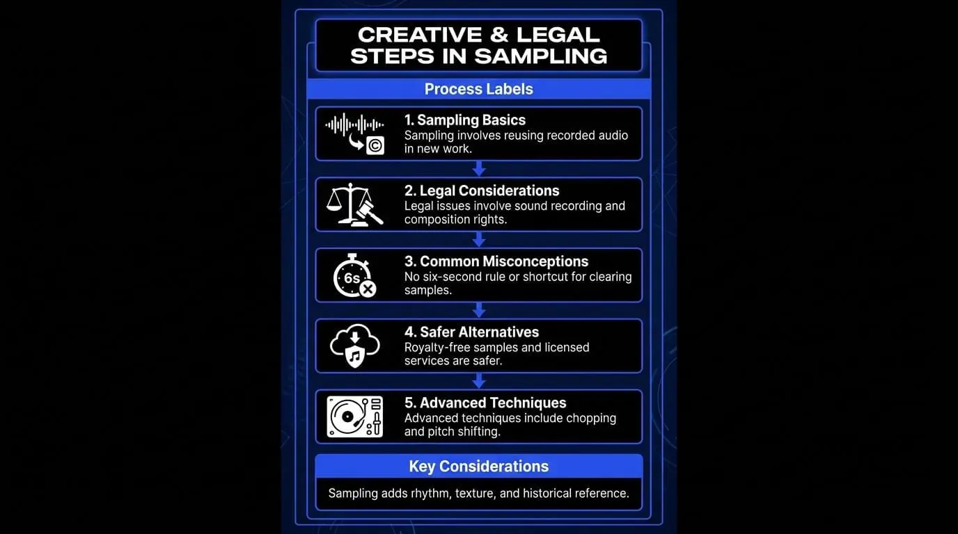 Infographic showing creative and legal steps in music sampling, including sampling basics, rights, clearance myths, safer alternatives, and advanced techniques.