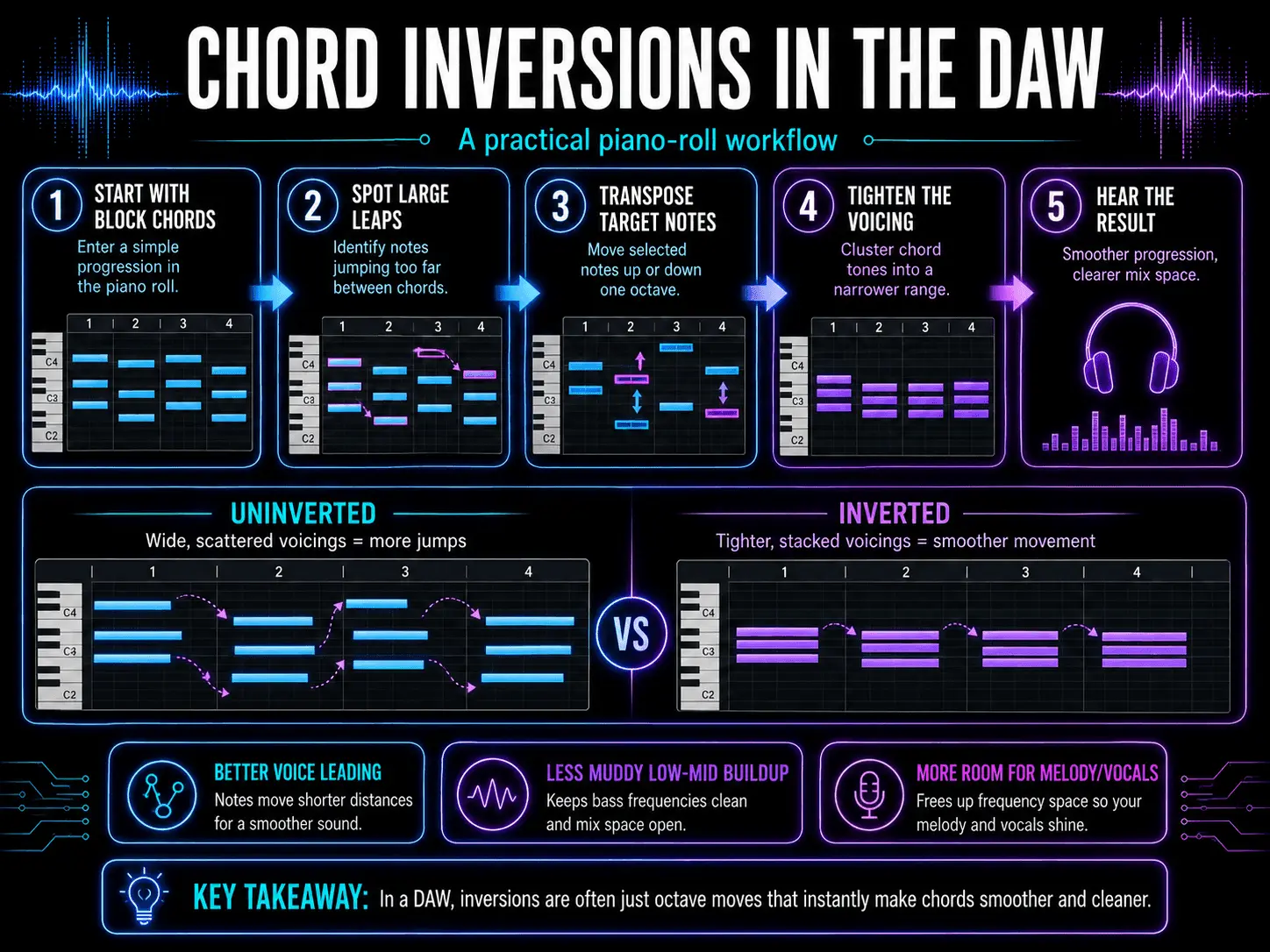 Five-step DAW piano-roll workflow for identifying wide chord leaps, transposing notes, and creating tighter inverted voicings.