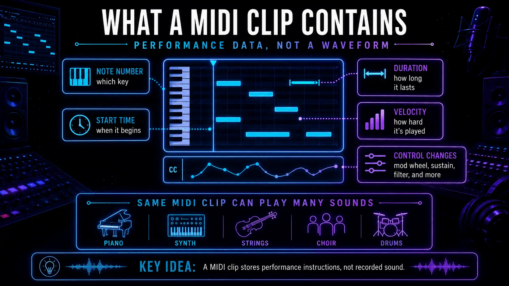 Infographic showing the contents of a MIDI clip, including note number, start time, duration, velocity, and control-change data.