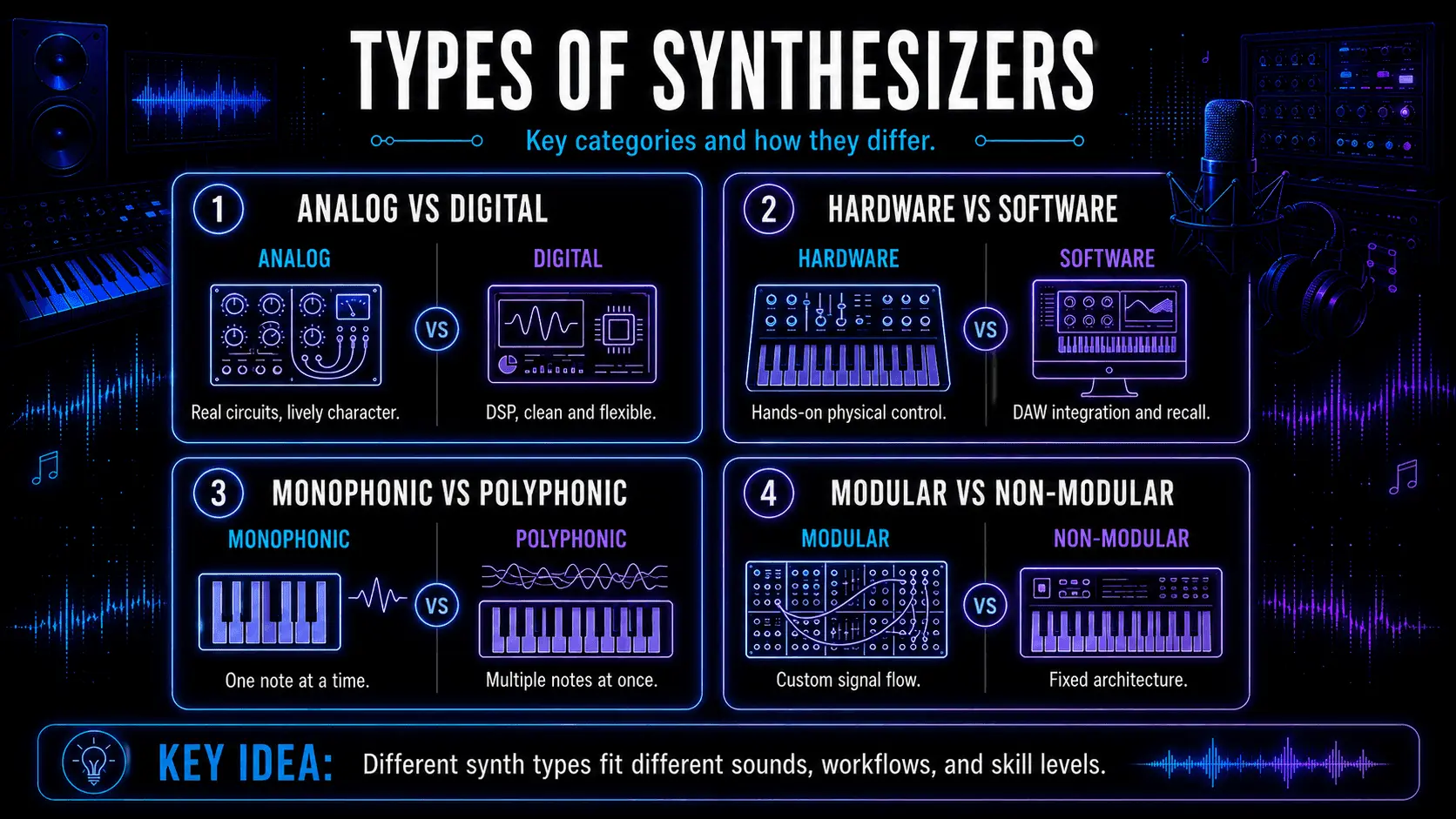 Infographic comparing analog and digital, hardware and software, monophonic and polyphonic, and modular and non-modular synthesizers.