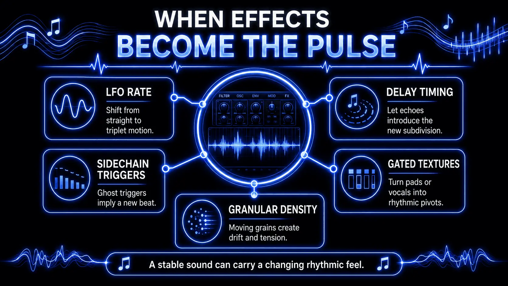 Infographic showing sound design applications of metric modulation, including LFO rate, delay timing, sidechain triggers, gated textures, and granular density as rhythmic pulse tools.