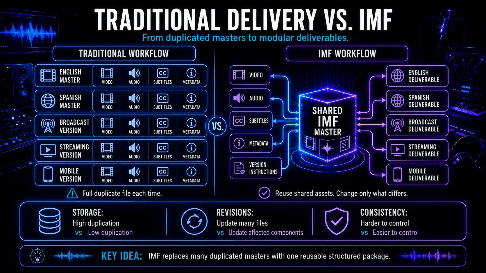Comparison of traditional duplicated media masters and a shared IMF master with modular deliverables