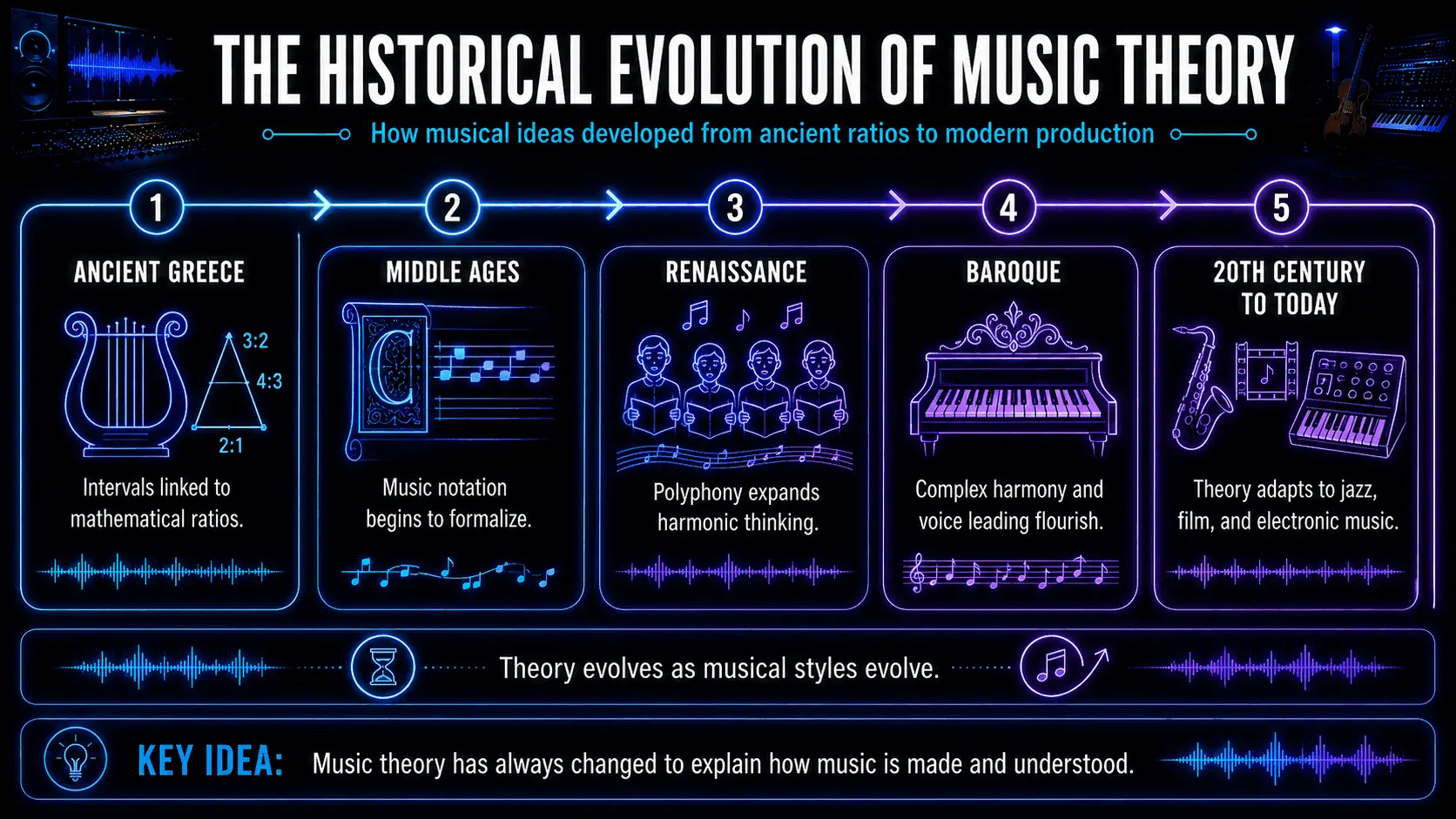 Timeline tracing music theory from ancient Greek ratios through medieval notation, Renaissance polyphony, Baroque harmony, and modern music.