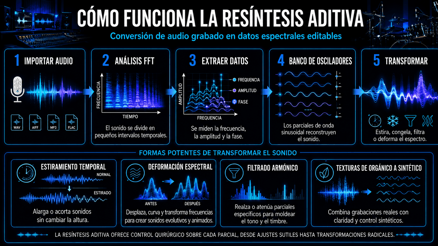 Flujo de trabajo de resíntesis aditiva mostrando importación de audio, análisis FFT, extracción de datos espectrales, reconstrucción de osciladores y transformación de sonido.