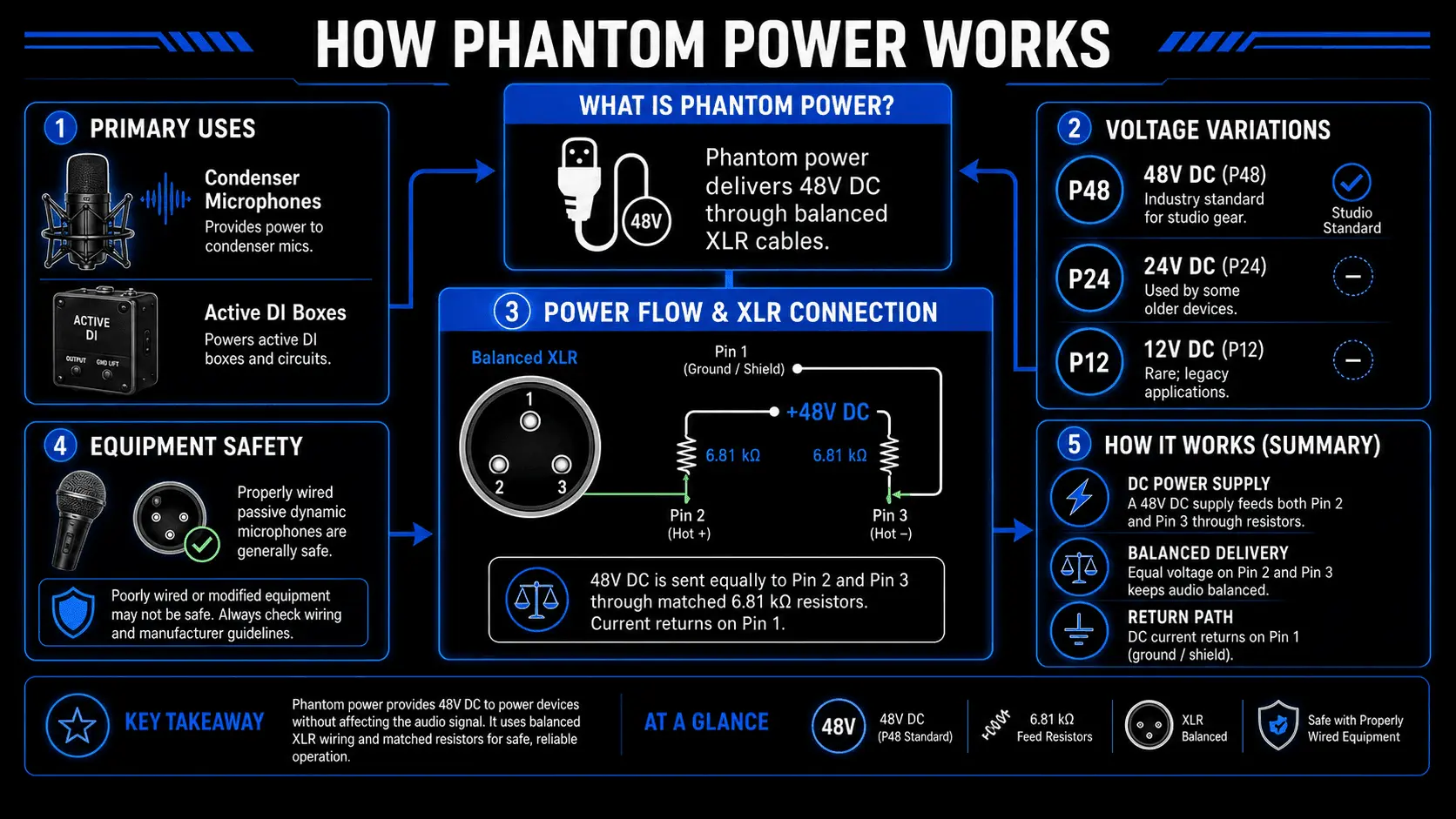 Infographic explaining 48V phantom power flow through XLR pins for condenser microphones and active DI boxes.