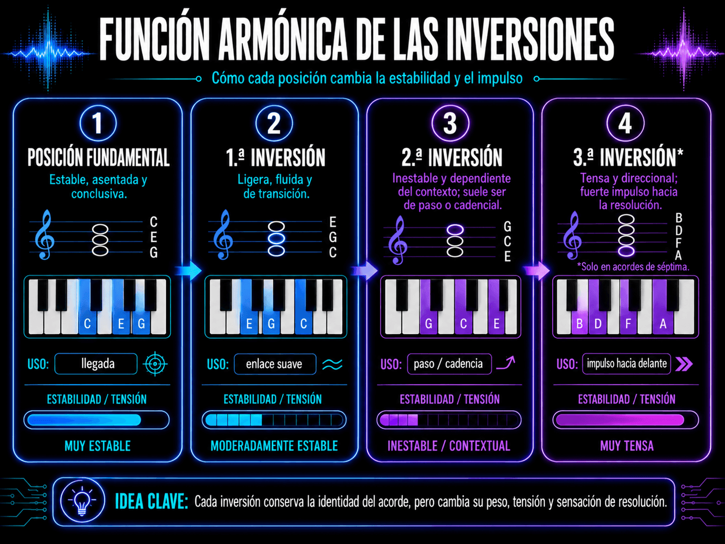 Funciones armónicas de posición fundamental y primera, segunda y tercera inversiones comparadas por estabilidad, tensión y uso común.