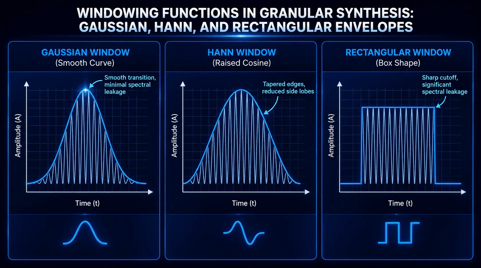 Comparison of Gaussian, Hann, and rectangular windowing functions used to shape grains in granular synthesis.