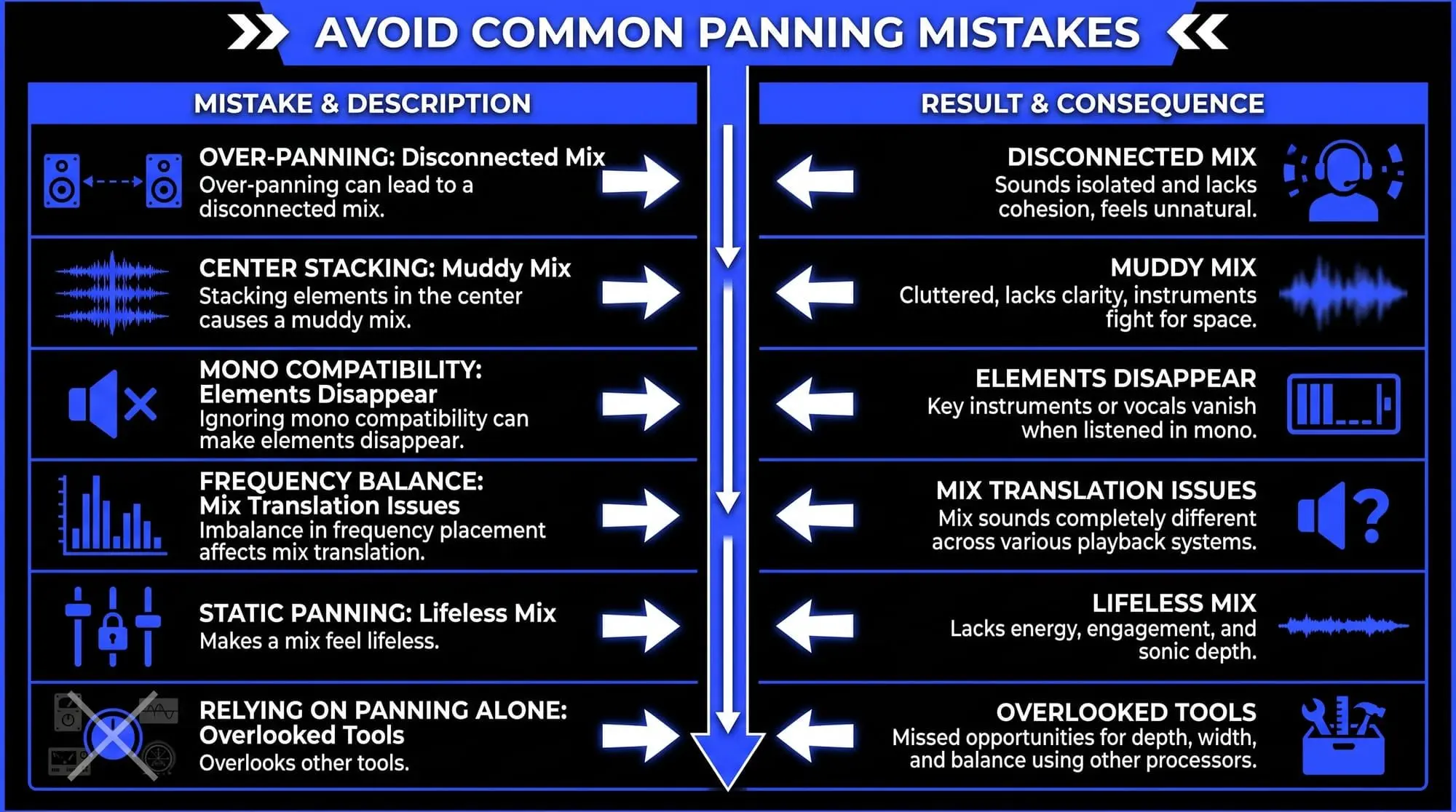 Infographic showing common panning mistakes, including over-panning, center stacking, mono compatibility issues, and poor frequency balance.