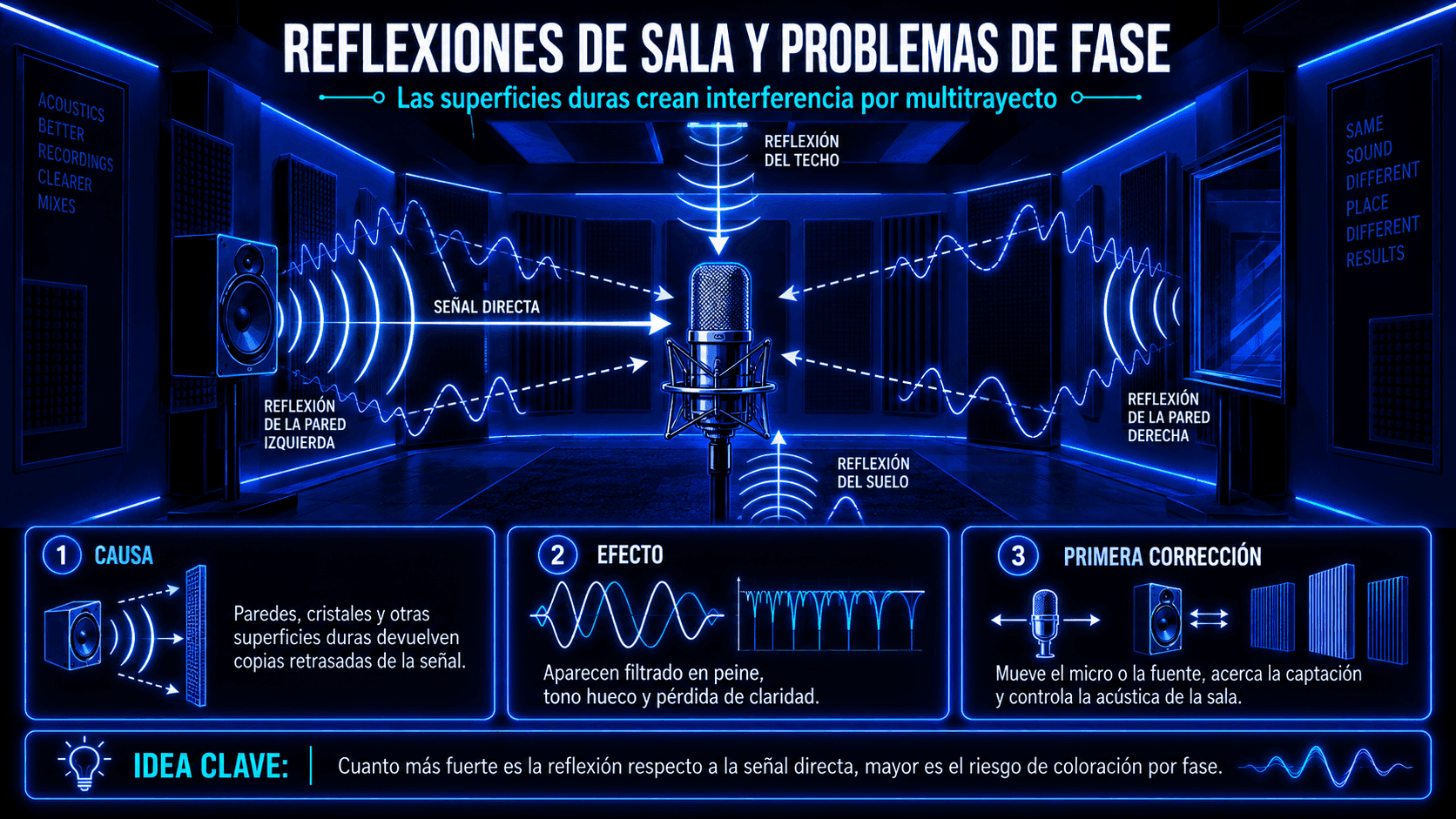 Infografía mostrando reflexiones de sala alrededor de un micrófono, explicando cómo las superficies duras crean interferencia multitrayecto y problemas de cancelación de fase durante la grabación.