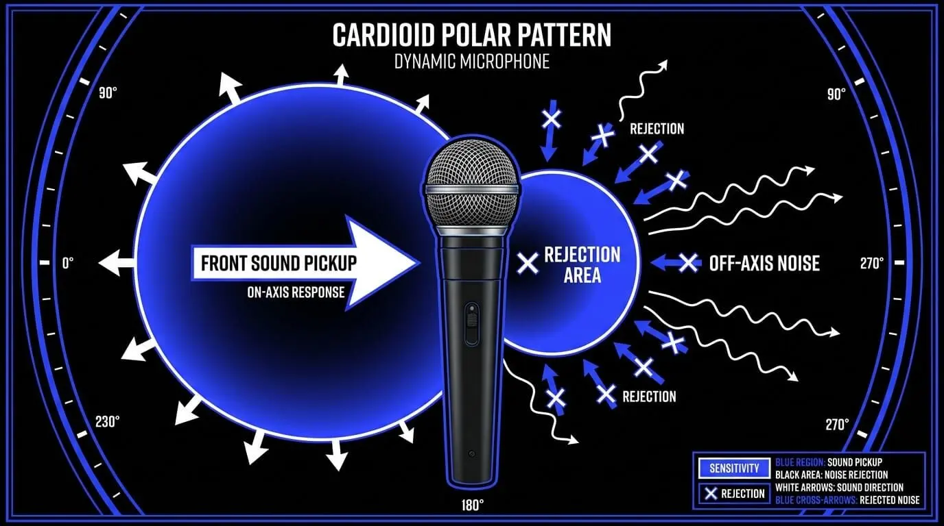Infographic of a cardioid dynamic microphone polar pattern showing on-axis front sound pickup, rear rejection area, off-axis noise, and reflected sound rejection