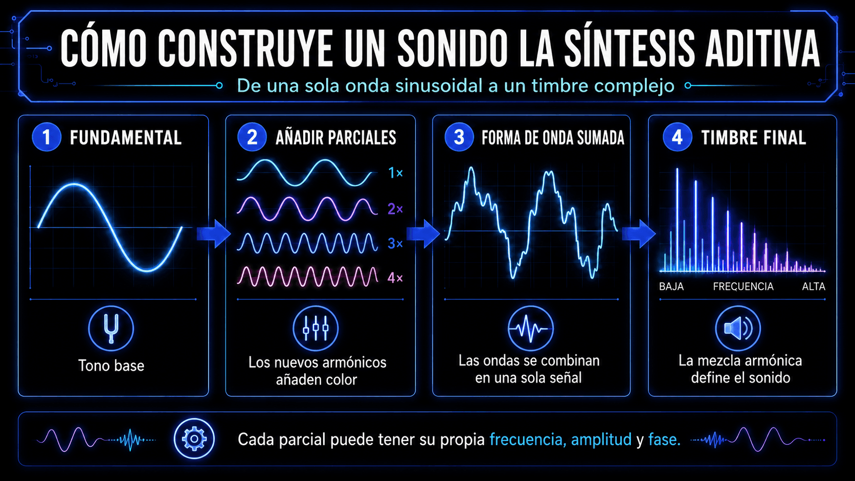 Proceso de síntesis aditiva de cuatro pasos mostrando una onda sinusoidal fundamental, parciales añadidos, forma de onda sumada y timbre final.