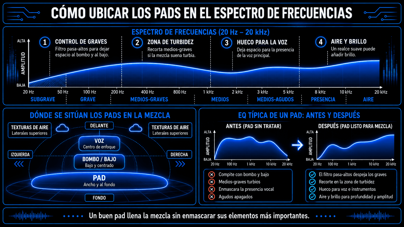 Infografía mostrando la ubicación de frecuencias de pad de sintetizador, control de graves, reducción de turbidez, espacio vocal, aire, brillo, y EQ antes y después.