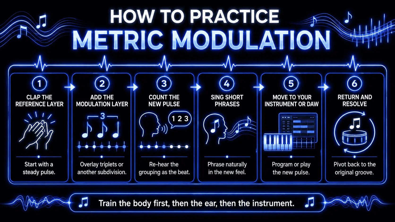 Six-step practice flow for learning metric modulation, from clapping the pulse to resolving back into the groove.
