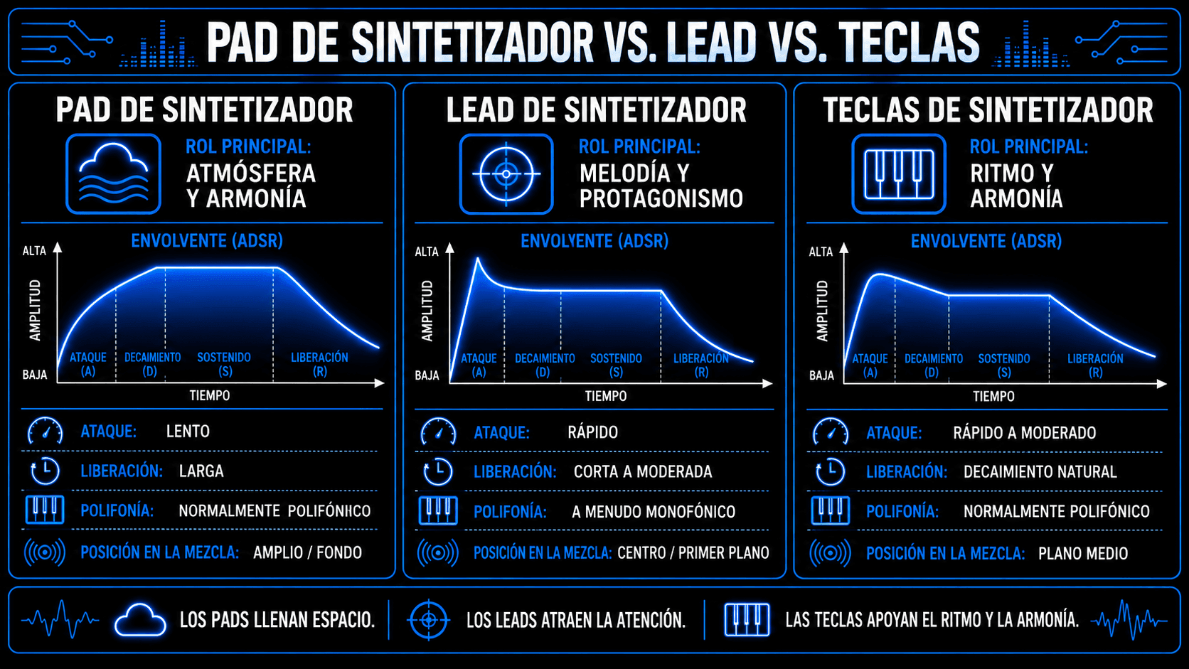 Infografía comparando synth pads, lead synths y synth keys por rol musical, envolvente ADSR, polifonía, ataque, release y posición en la mezcla.