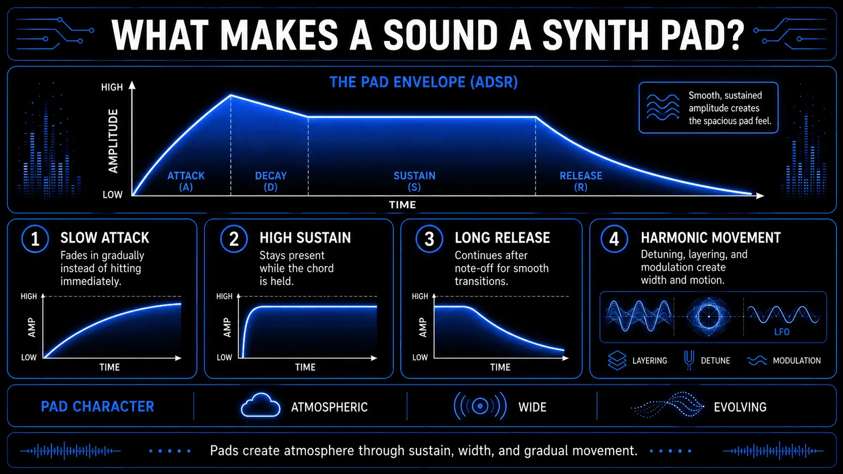 Infographic showing how slow attack, high sustain, long release, layering, detuning, and modulation create a synth pad sound.