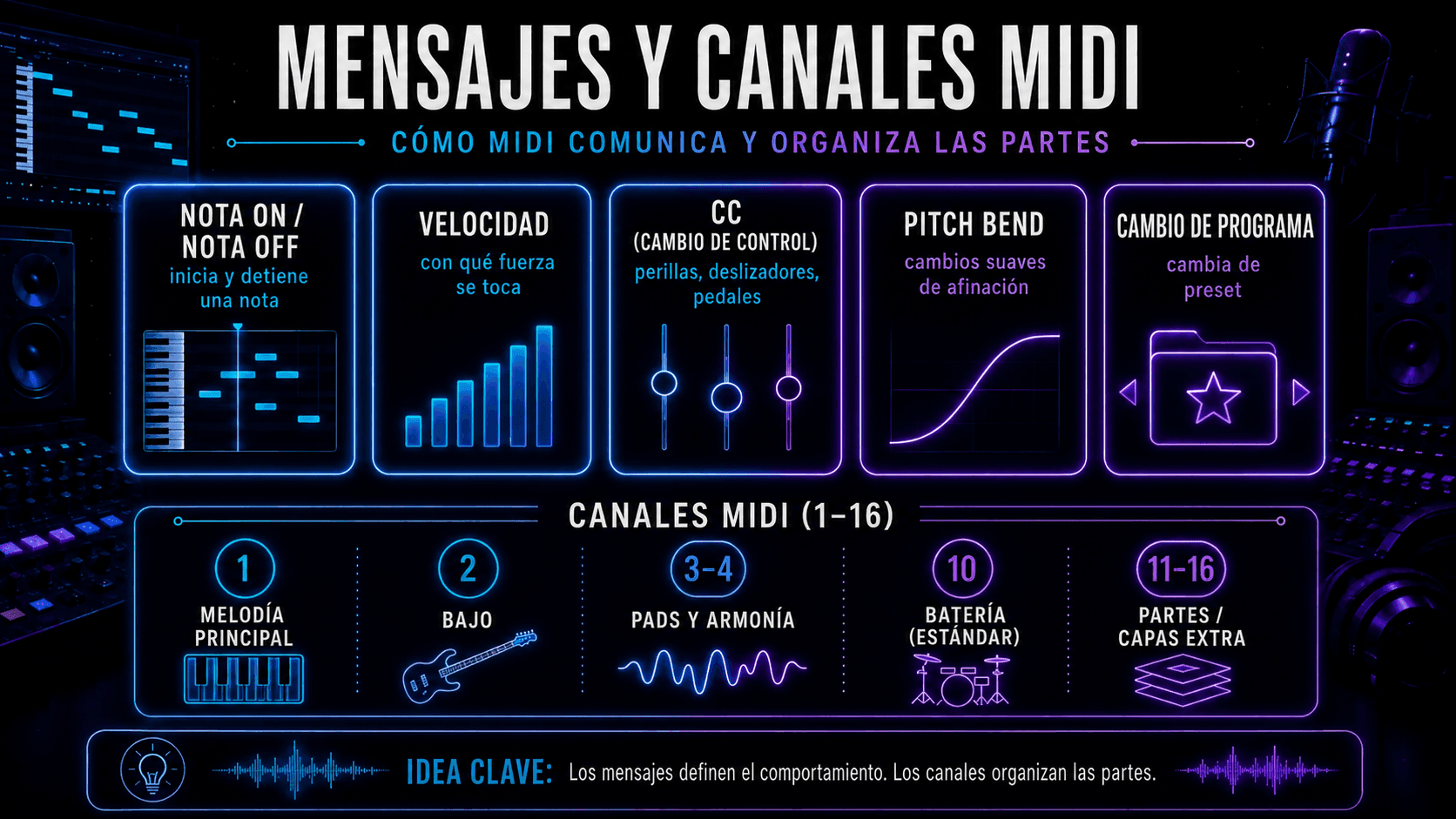 Infografía sobre mensajes MIDI, cambios de control y distribución de instrumentos entre los 16 canales MIDI.