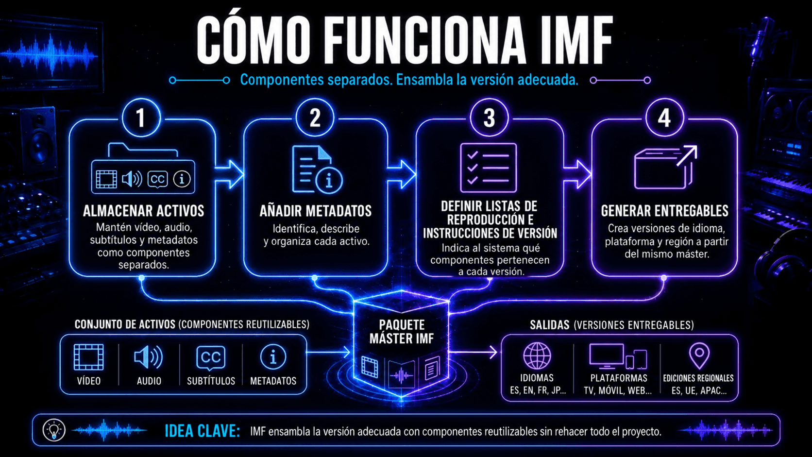 Flujo de trabajo IMF de cuatro pasos cubriendo almacenamiento de recursos, metadatos, listas de reproducción, instrucciones de versión y salida entregable
